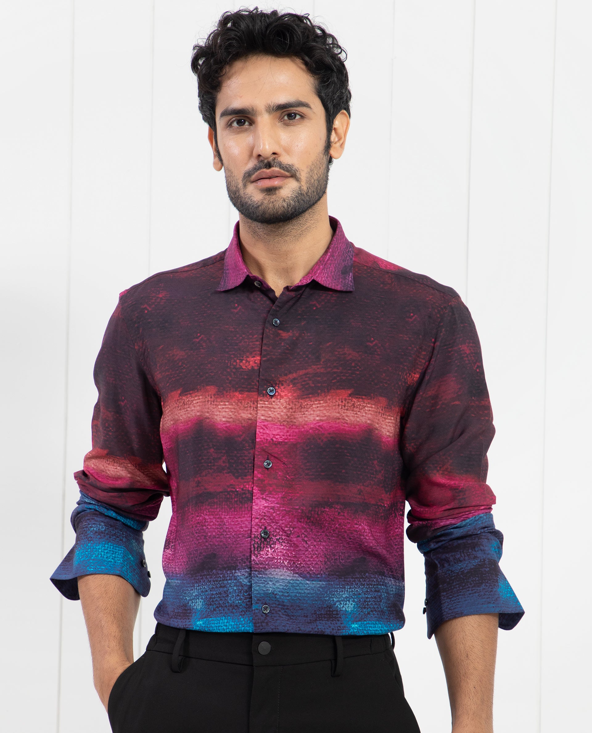 Rare Rabbit Men's Ombren LS Black Shirt Ombre Print Full Sleeves Shirt