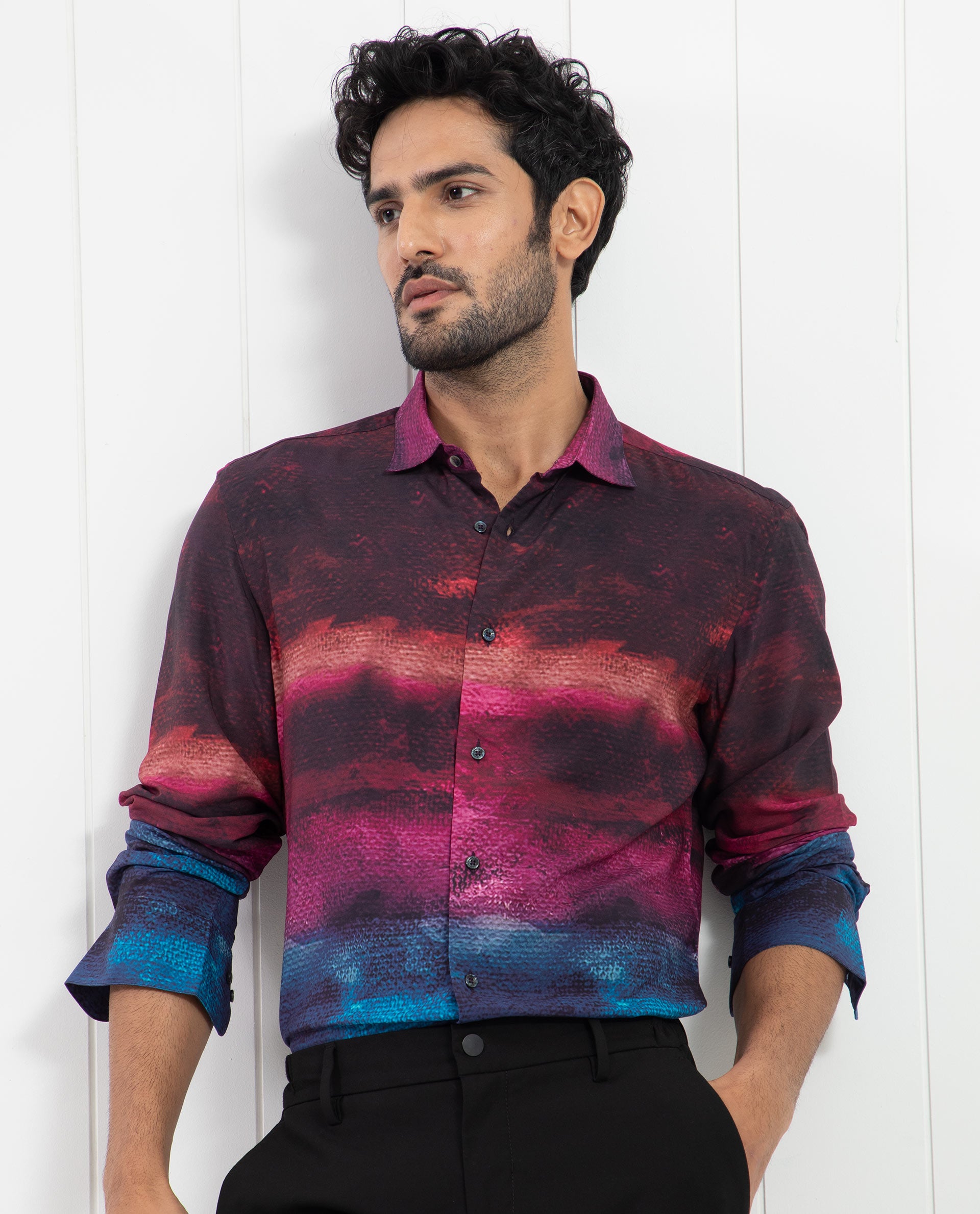 Rare Rabbit Men's Ombren LS Black Shirt Ombre Print Full Sleeves Shirt