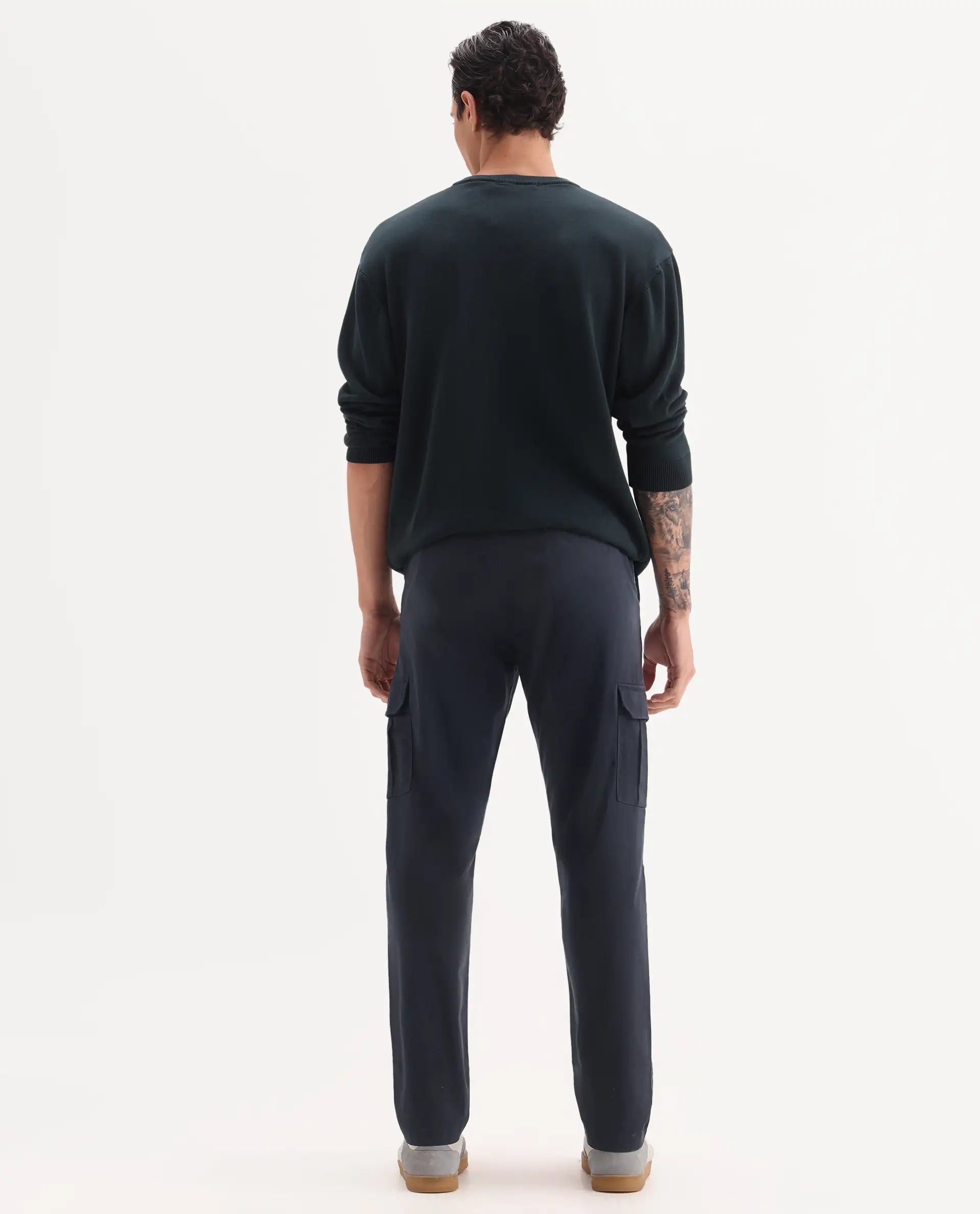 Rare Rabbit Men's Nobon Navy Cotton Plain Regular Fit Trouser