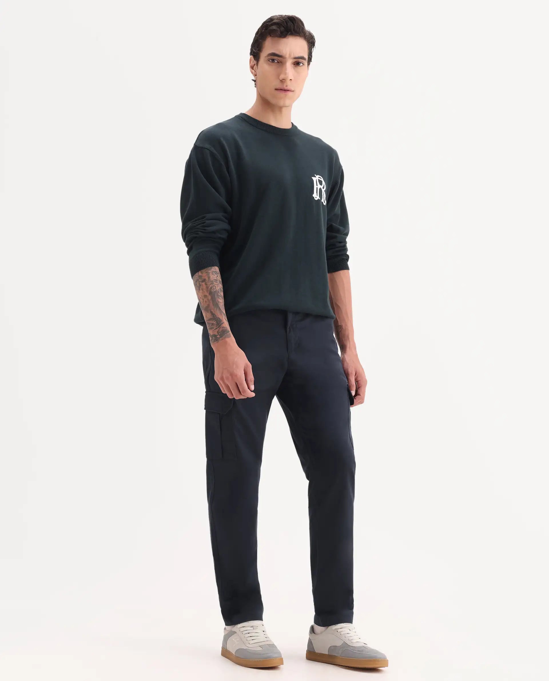 Rare Rabbit Men's Nobon Navy Cotton Plain Regular Fit Trouser