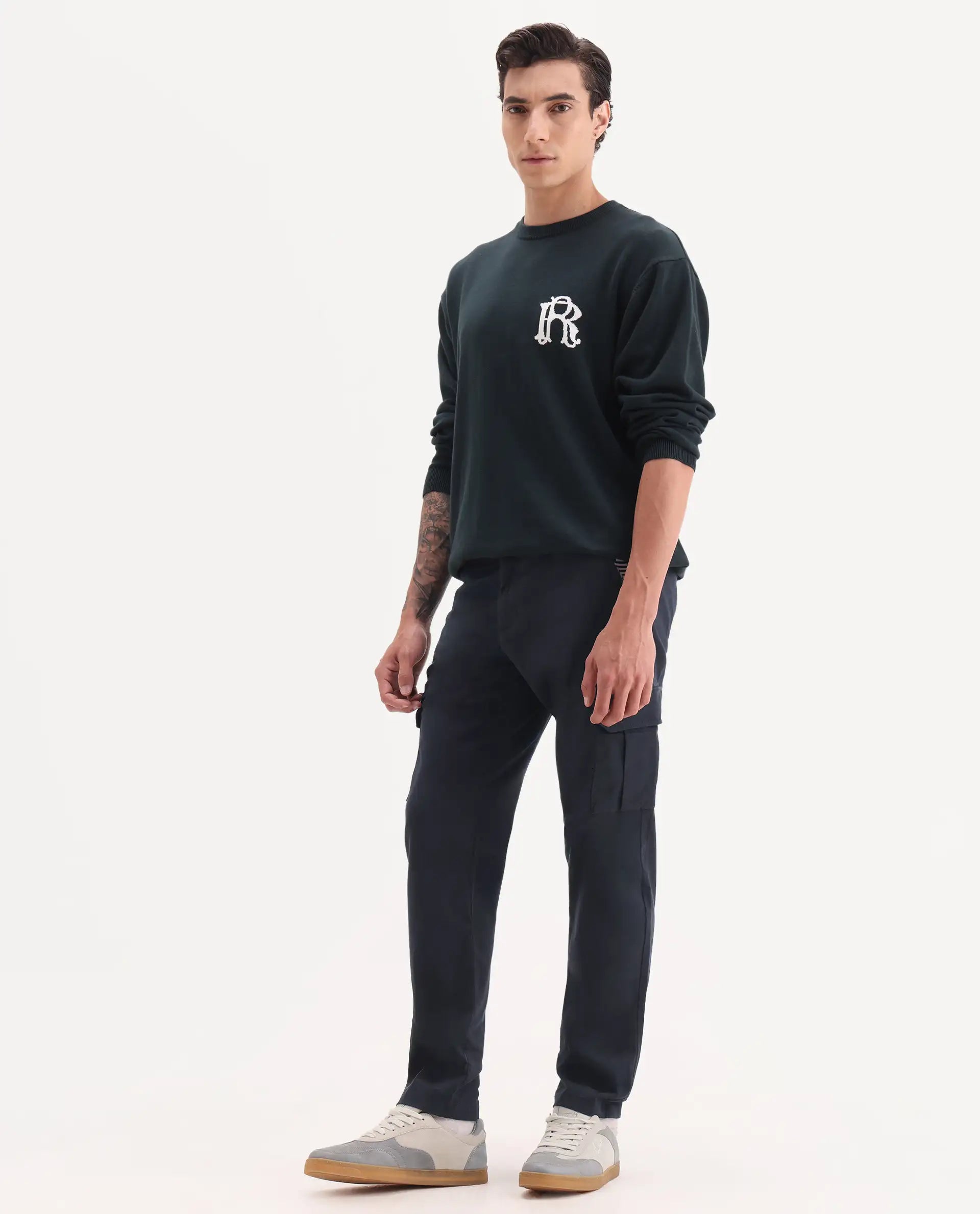 Rare Rabbit Men's Nobon Navy Cotton Plain Regular Fit Trouser