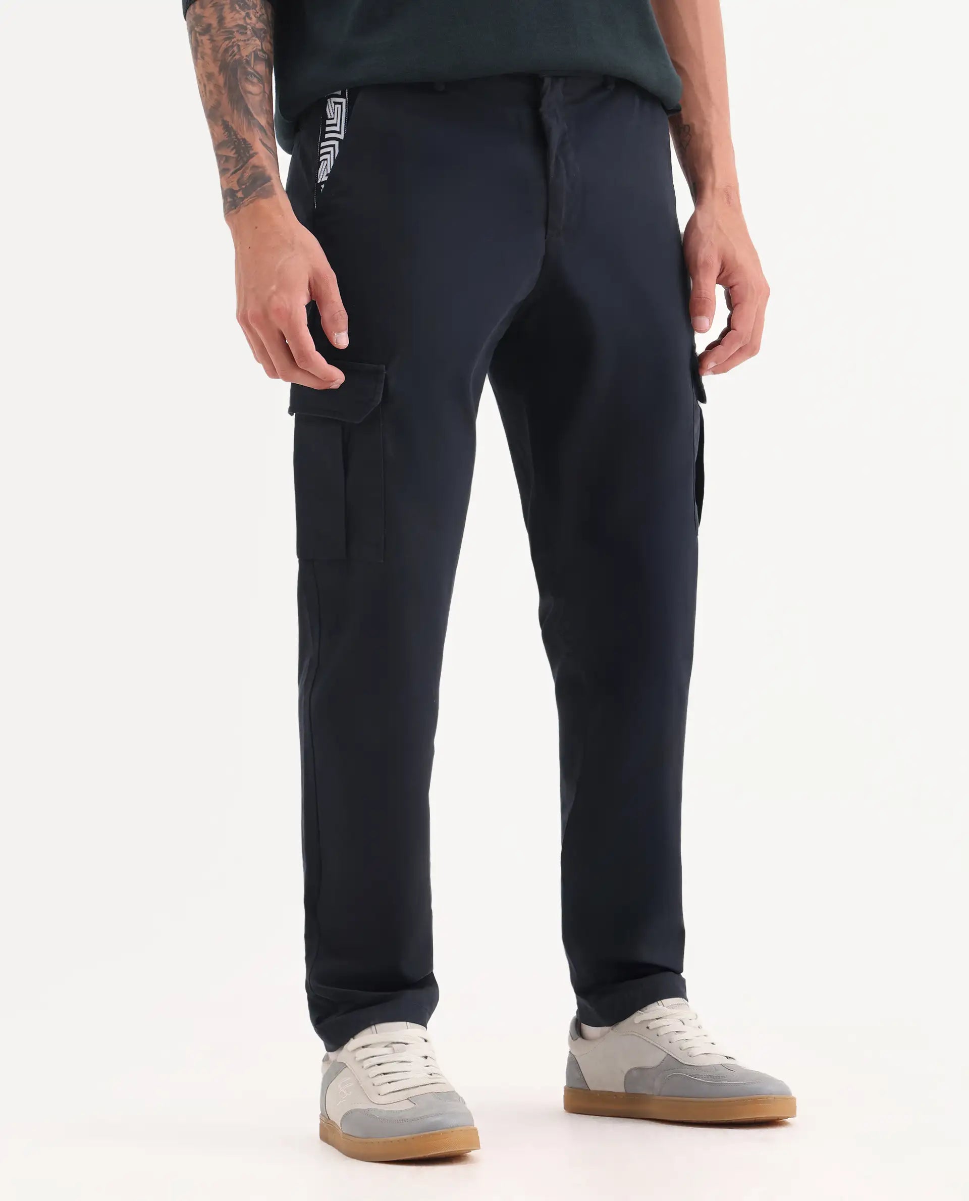 Rare Rabbit Men's Nobon Navy Cotton Plain Regular Fit Trouser