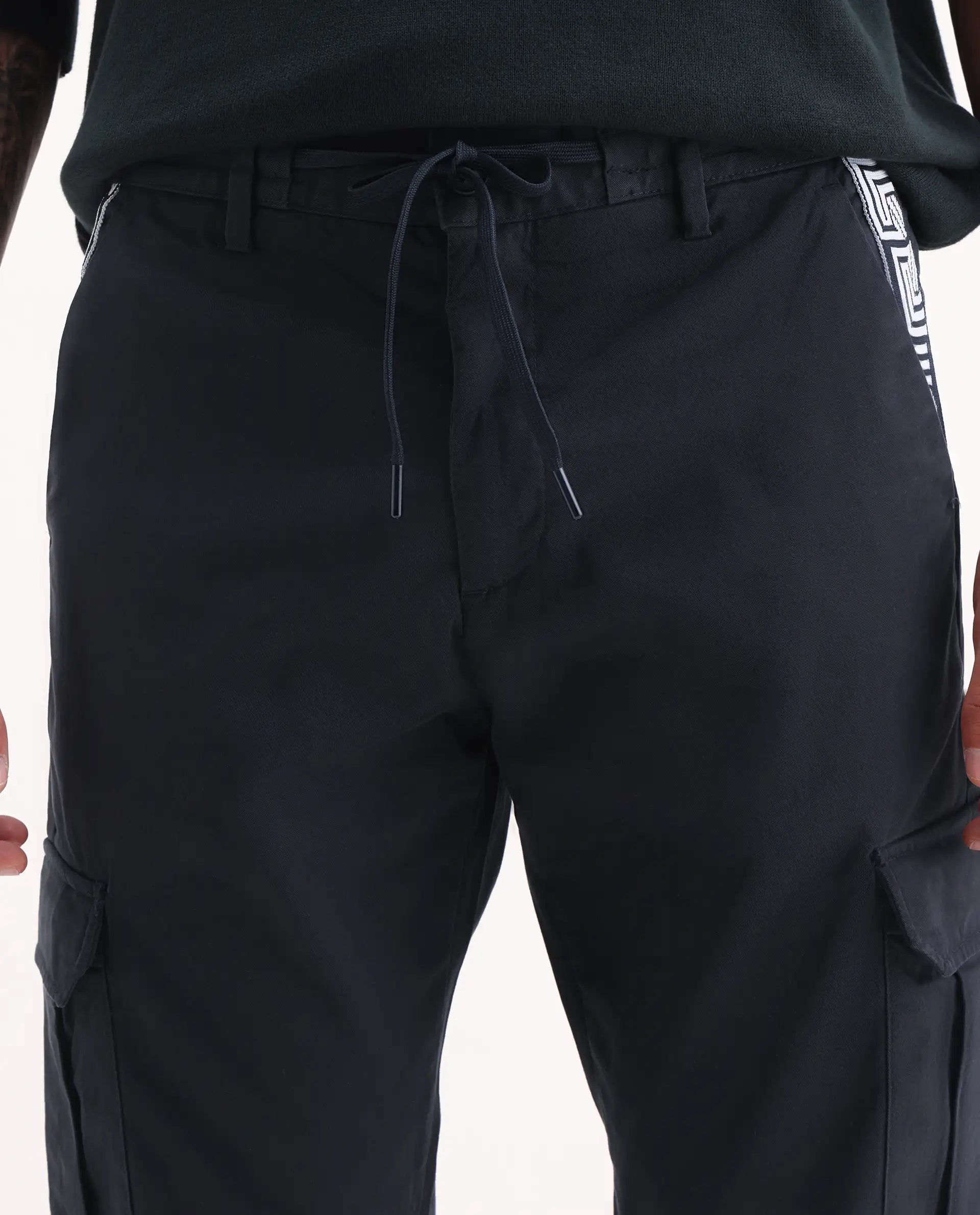 Rare Rabbit Men's Nobon Navy Cotton Plain Regular Fit Trouser