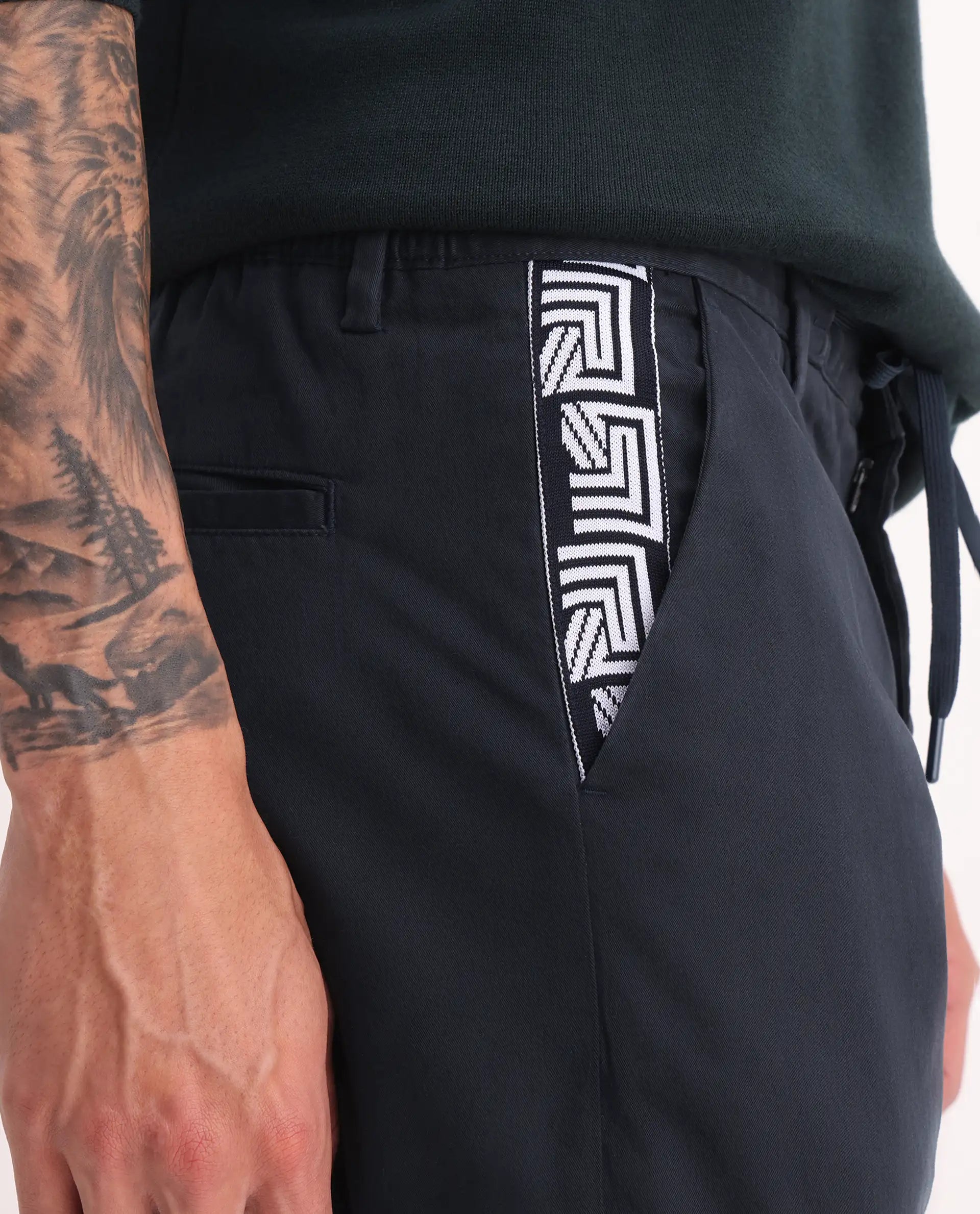 Rare Rabbit Men's Nobon Navy Cotton Plain Regular Fit Trouser