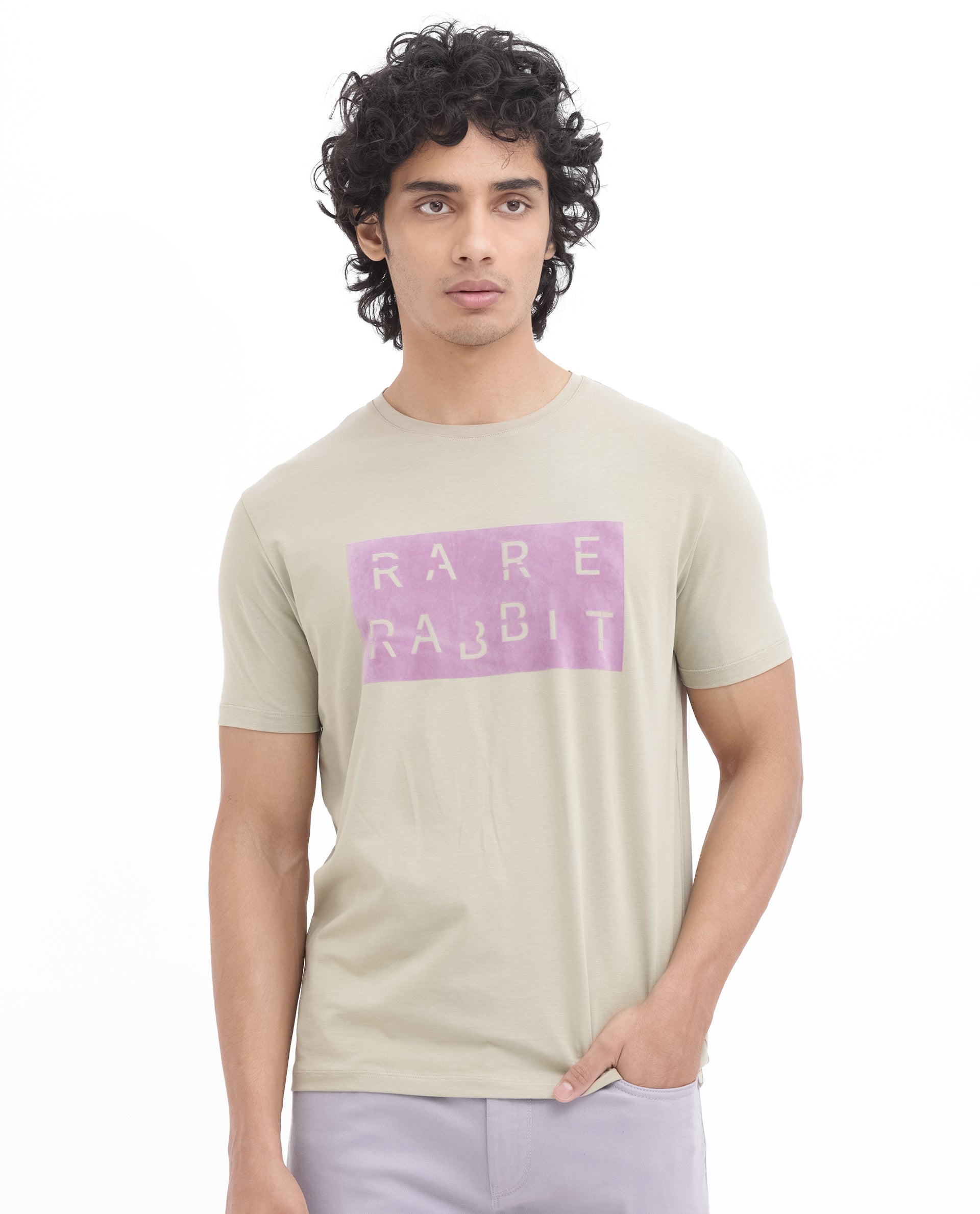 Rare Rabbit Men's Noir Light Green Cotton Lycra Fabric Half Sleeves Graphic Print T-Shirt