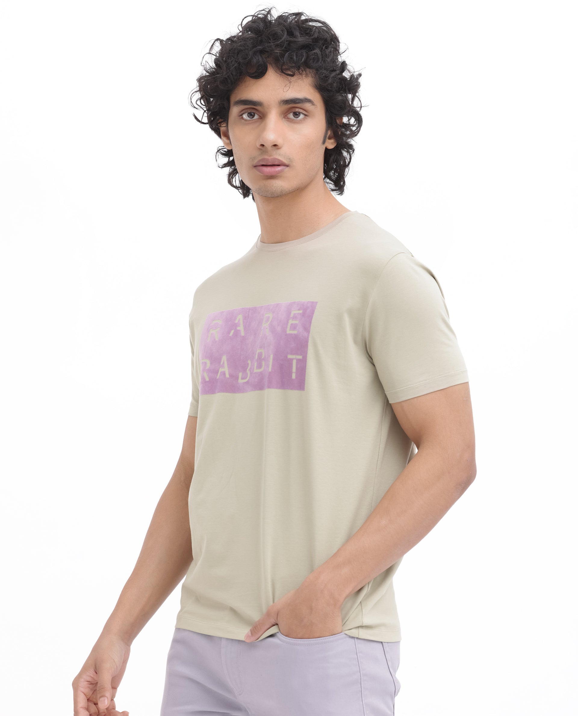 Rare Rabbit Men's Noir Light Green Cotton Lycra Fabric Half Sleeves Graphic Print T-Shirt