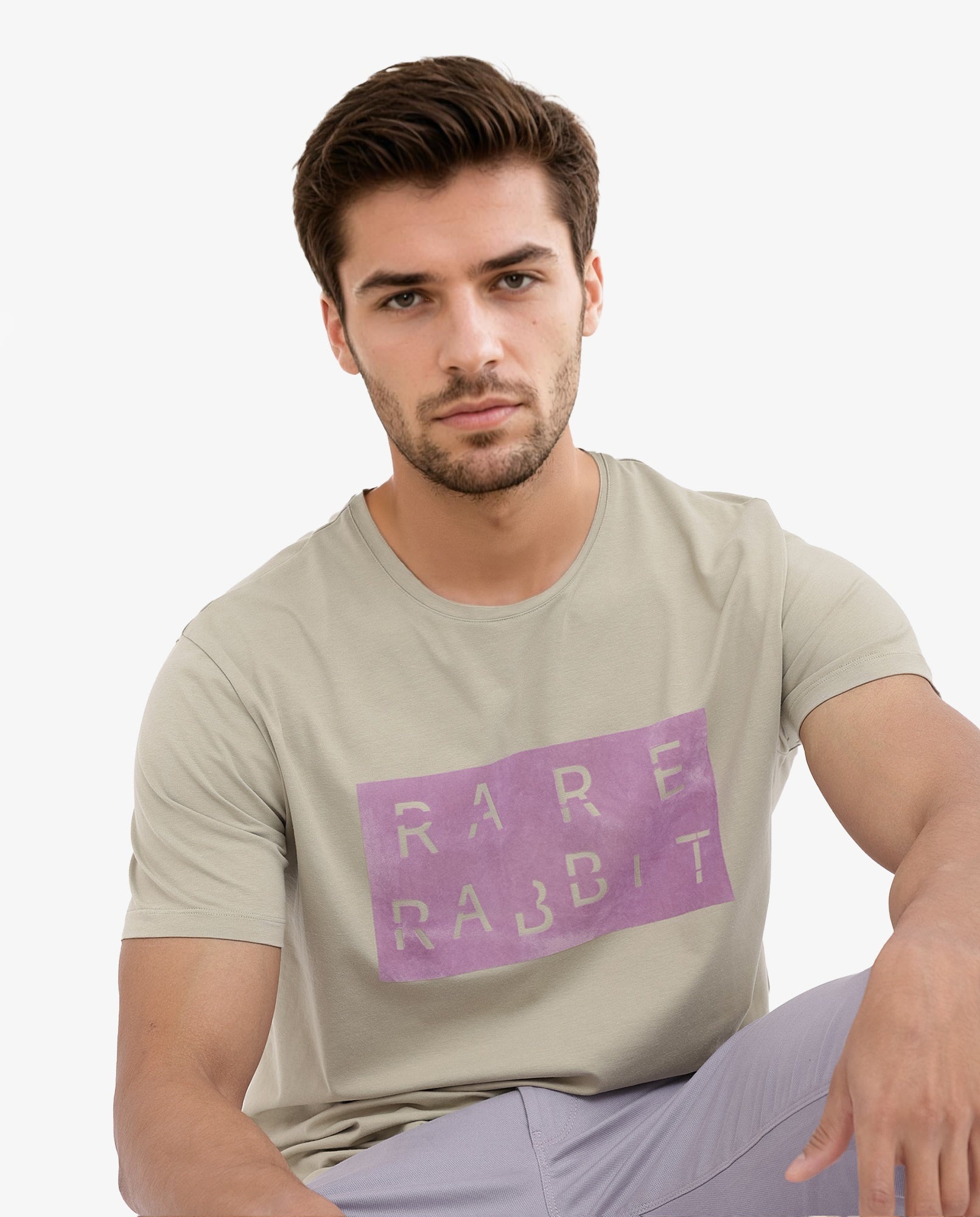 Rare Rabbit Men's Noir Light Green Cotton Lycra Fabric Half Sleeves Graphic Print T-Shirt