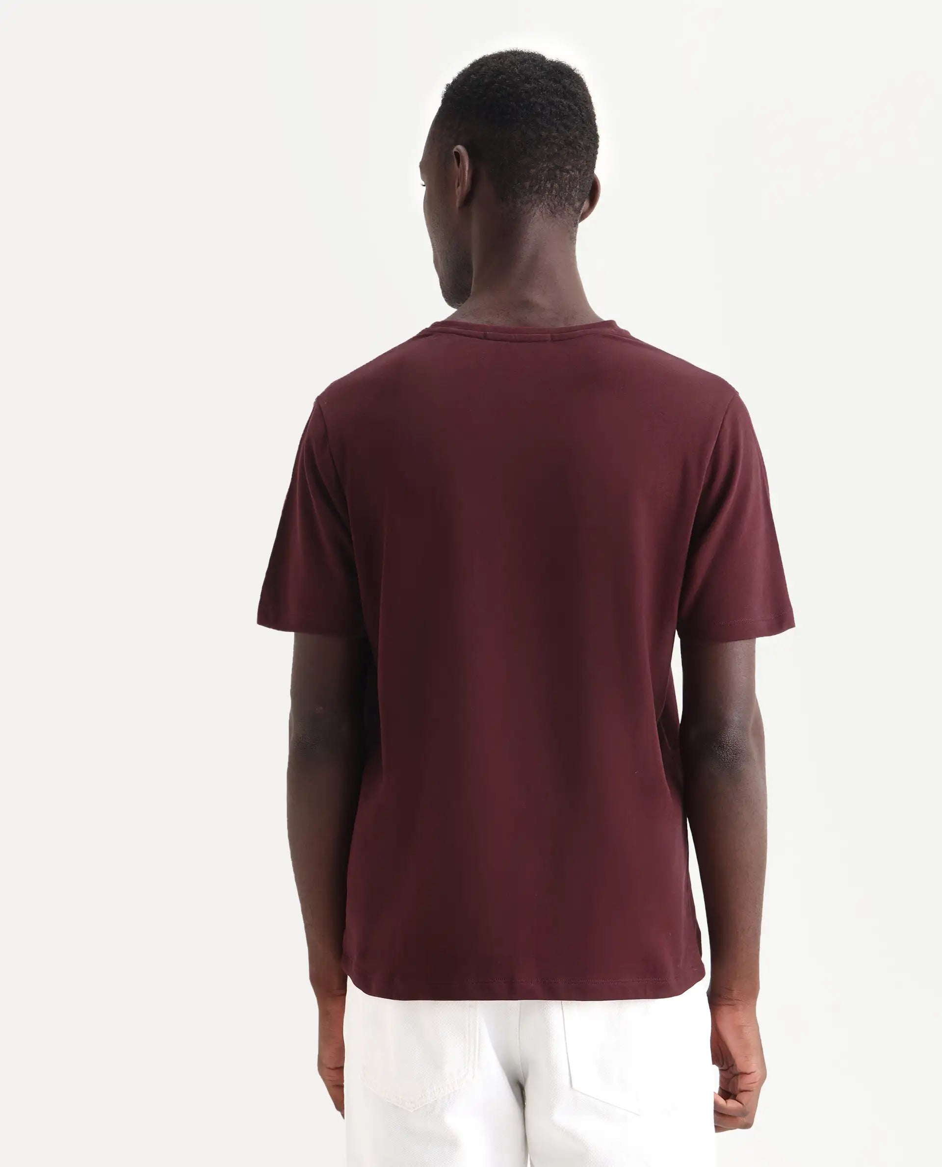 Rare Rabbit Men's Nok Maroon Cotton Embroidered Regular Fit Half Sleeve Crew Neck T-Shirt