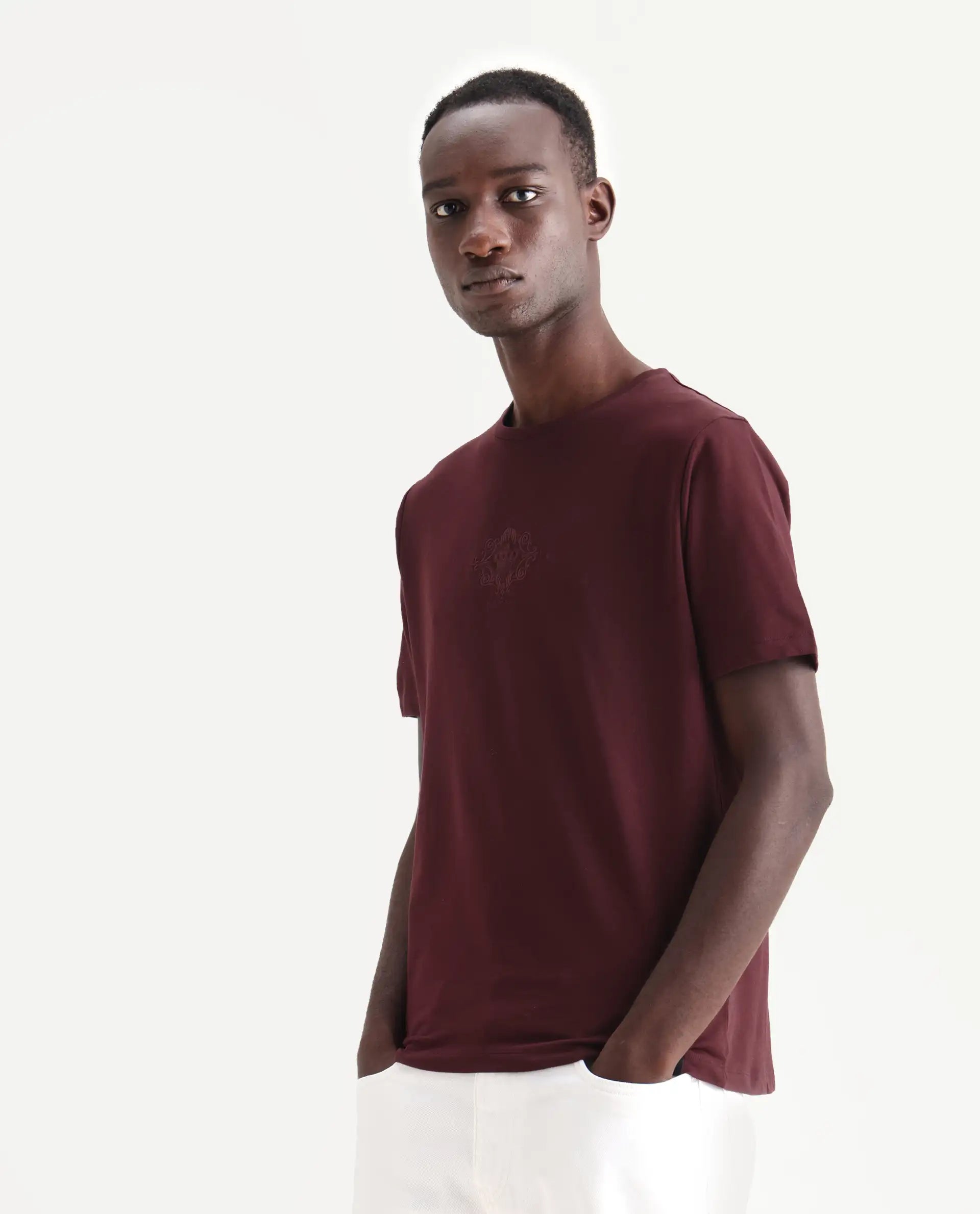 Rare Rabbit Men's Nok Maroon Cotton Embroidered Regular Fit Half Sleeve Crew Neck T-Shirt