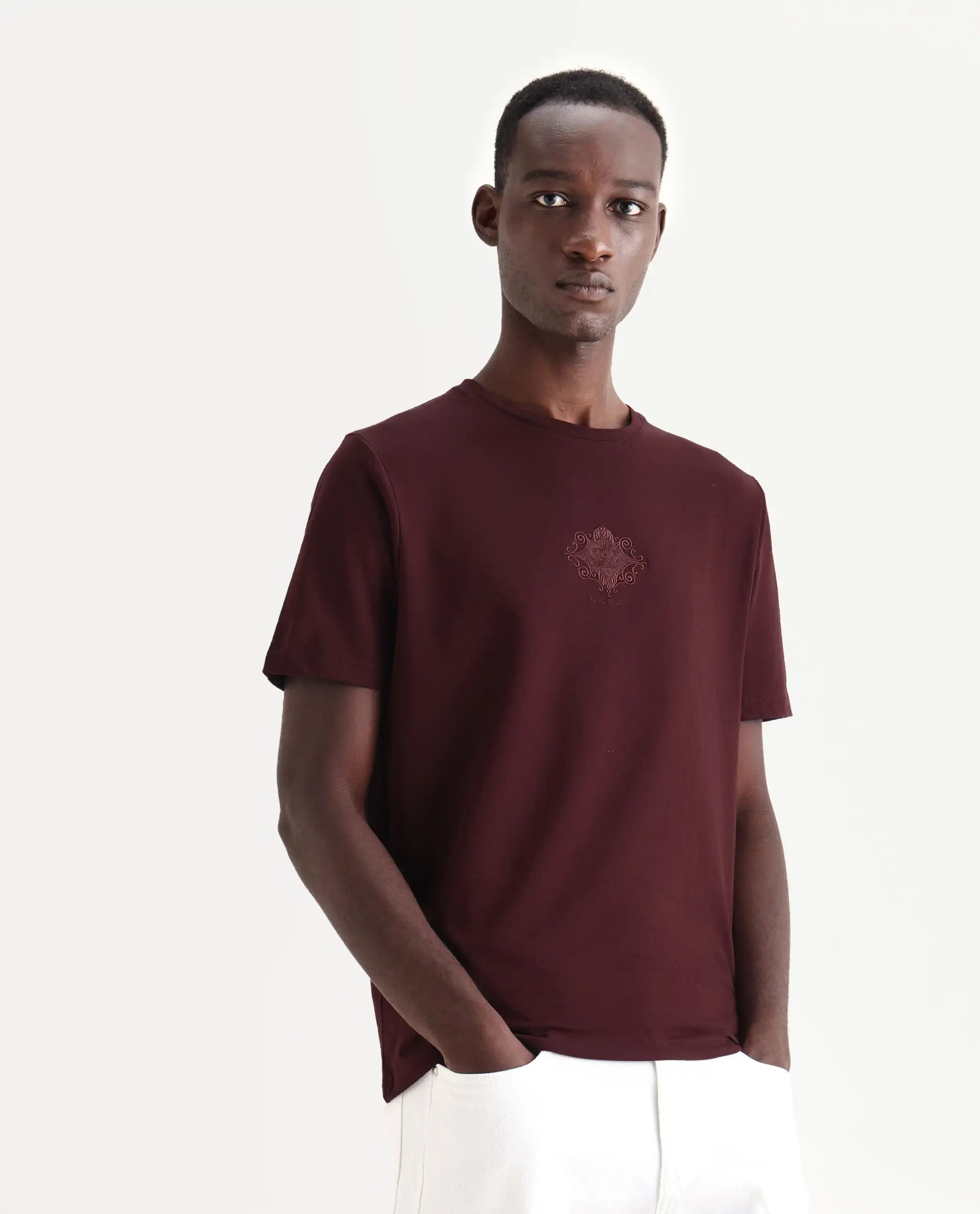 Rare Rabbit Men's Nok Maroon Cotton Embroidered Regular Fit Half Sleeve Crew Neck T-Shirt