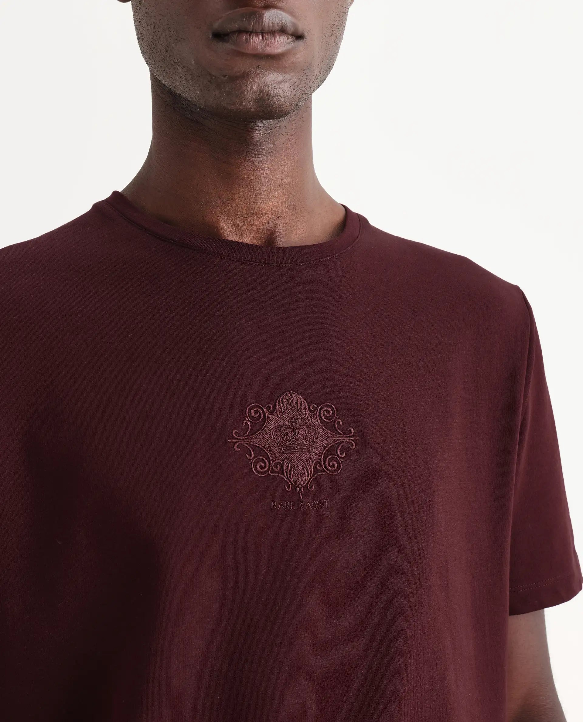 Rare Rabbit Men's Nok Maroon Cotton Embroidered Regular Fit Half Sleeve Crew Neck T-Shirt