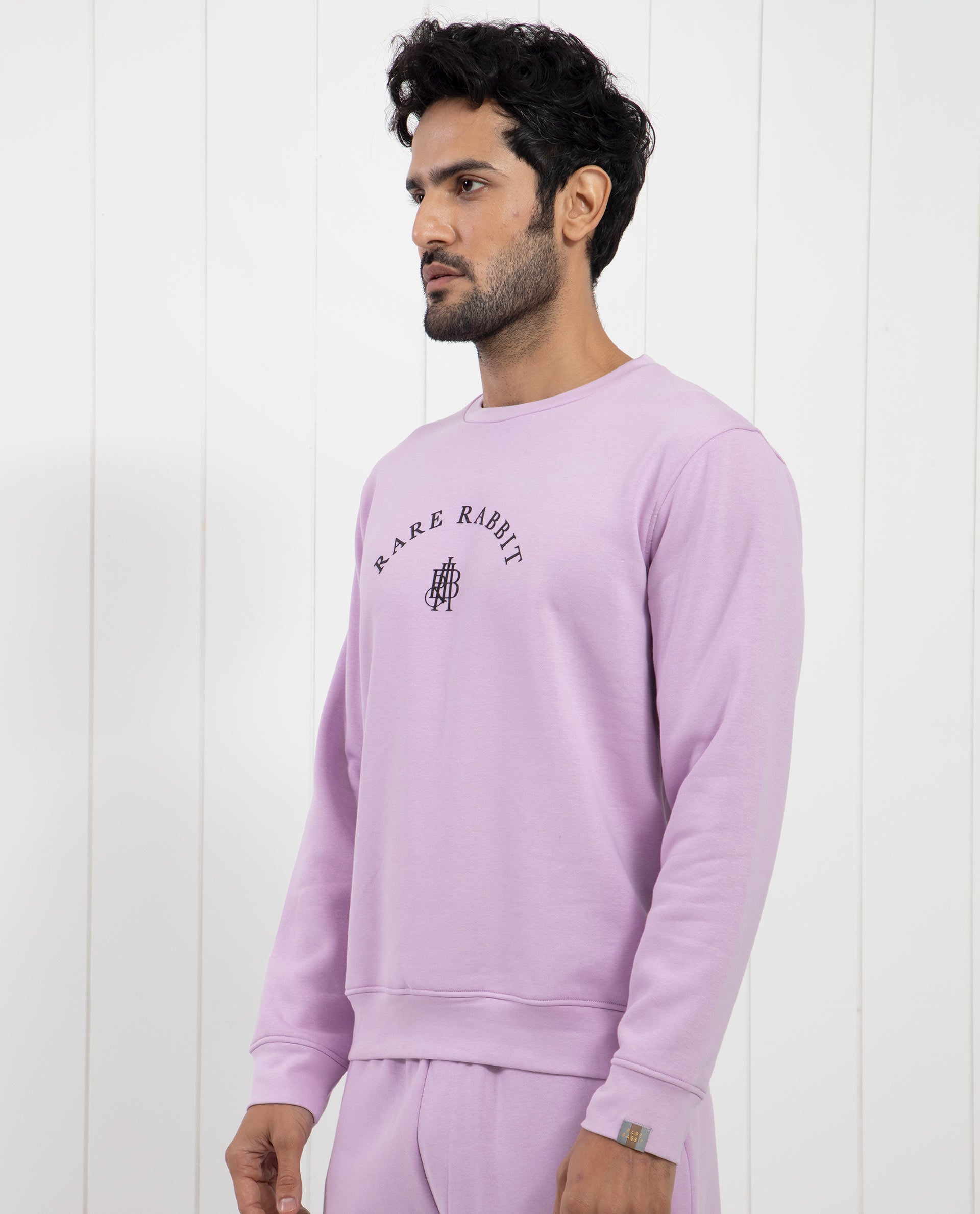 Rare Rabbit Men's Nomic Pastel Purple Cotton Polyester Fabric Full Sleeves Logo Graphic Print Sweatshirt