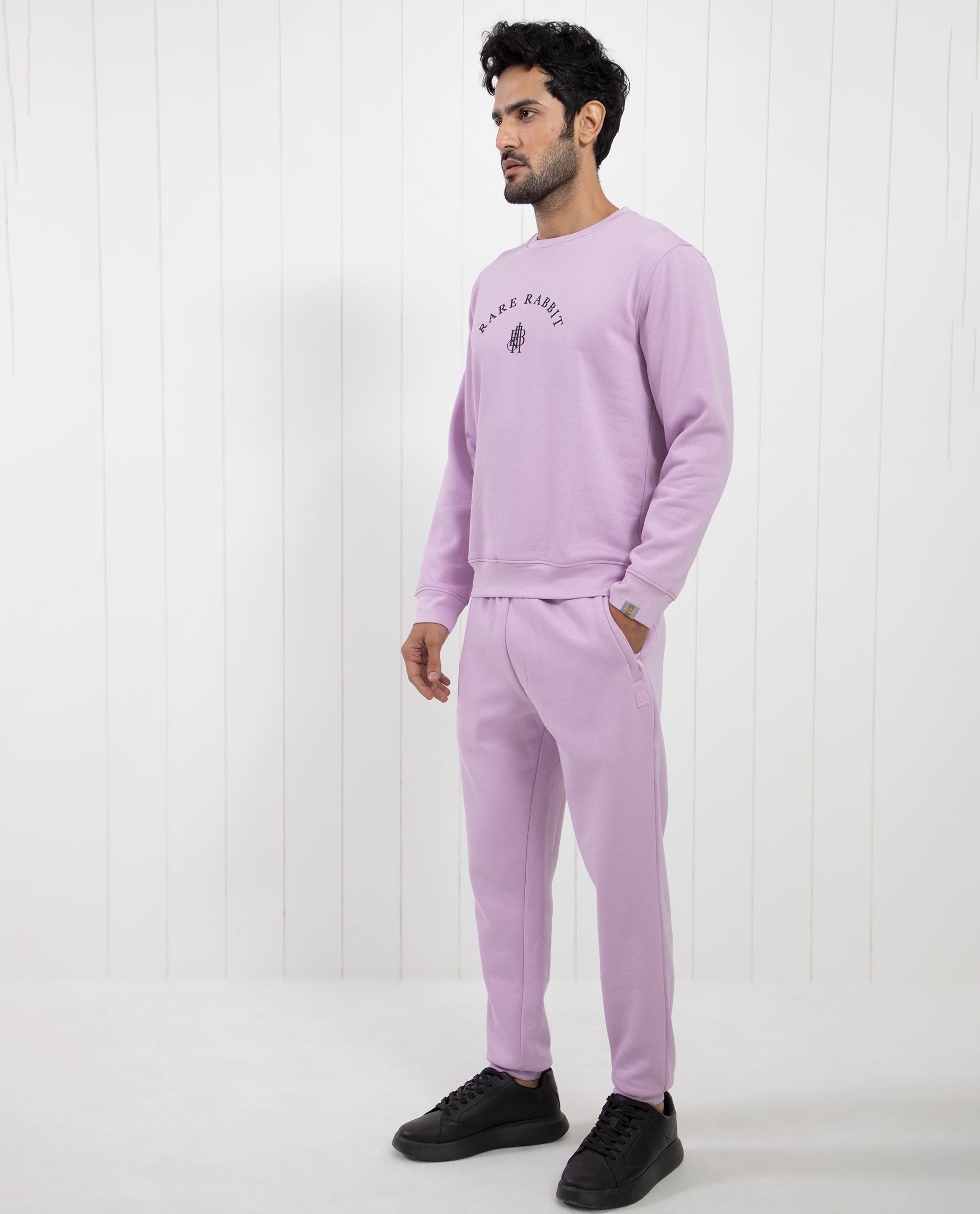 Rare Rabbit Men's Nomic Pastel Purple Cotton Polyester Fabric Full Sleeves Logo Graphic Print Sweatshirt