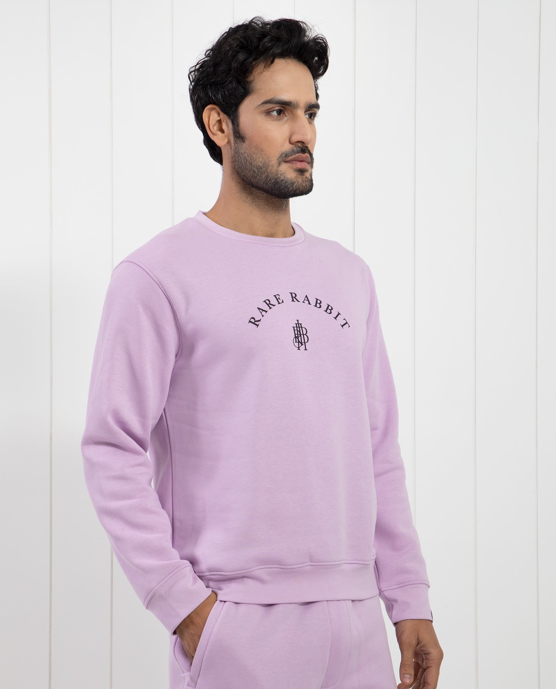 Rare Rabbit Men's Nomic Pastel Purple Cotton Graphic Print Regular Fit Full Sleeve Crew Neck Sweatshirt