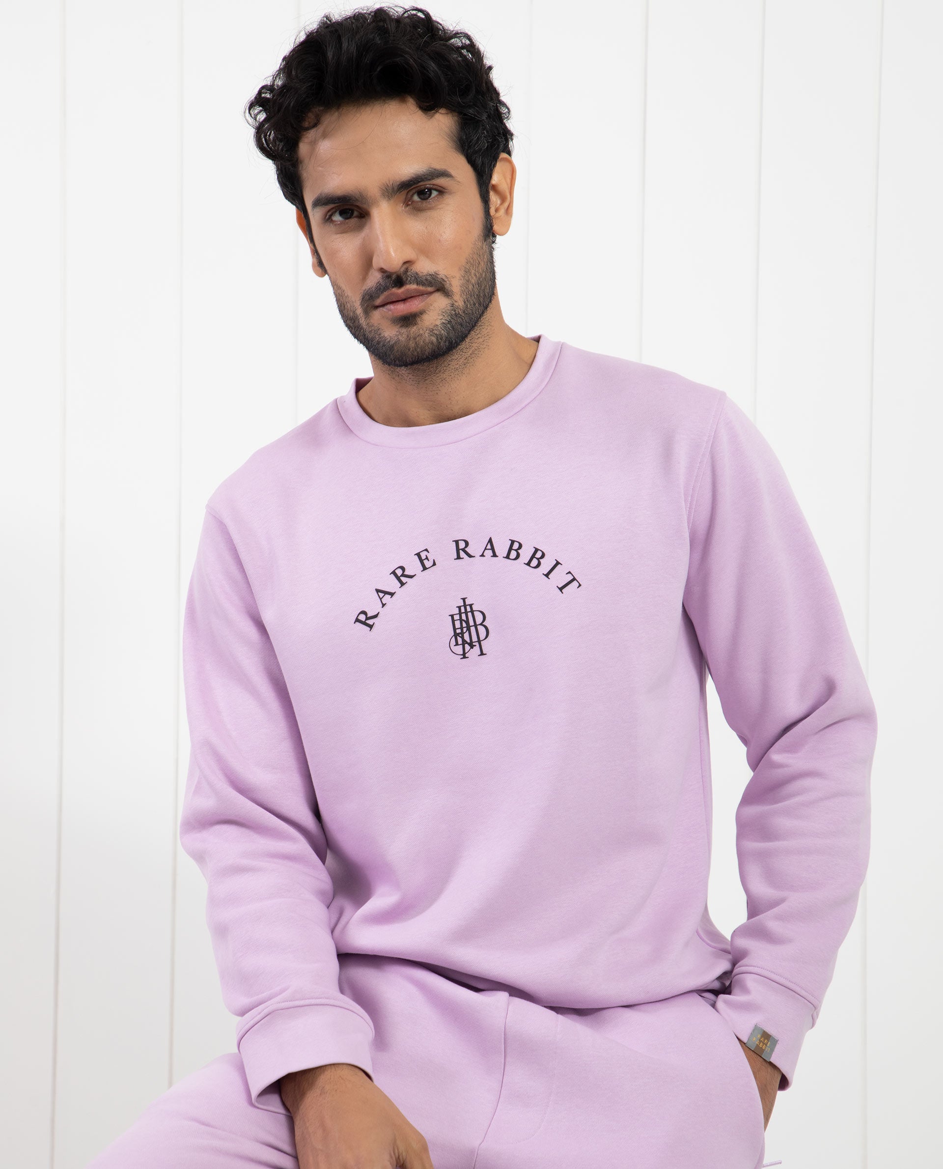 Rare Rabbit Men's Nomic Pastel Purple Cotton Polyester Fabric Full Sleeves Logo Graphic Print Sweatshirt