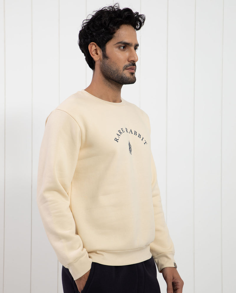 RARE RABBIT MENS NOMIC LIGHT YELLOW SWEATSHIRT COTTON POLYESTER FABRIC ROUND NECK KNITTED FULL SLEEVES COMFORTABLE FIT