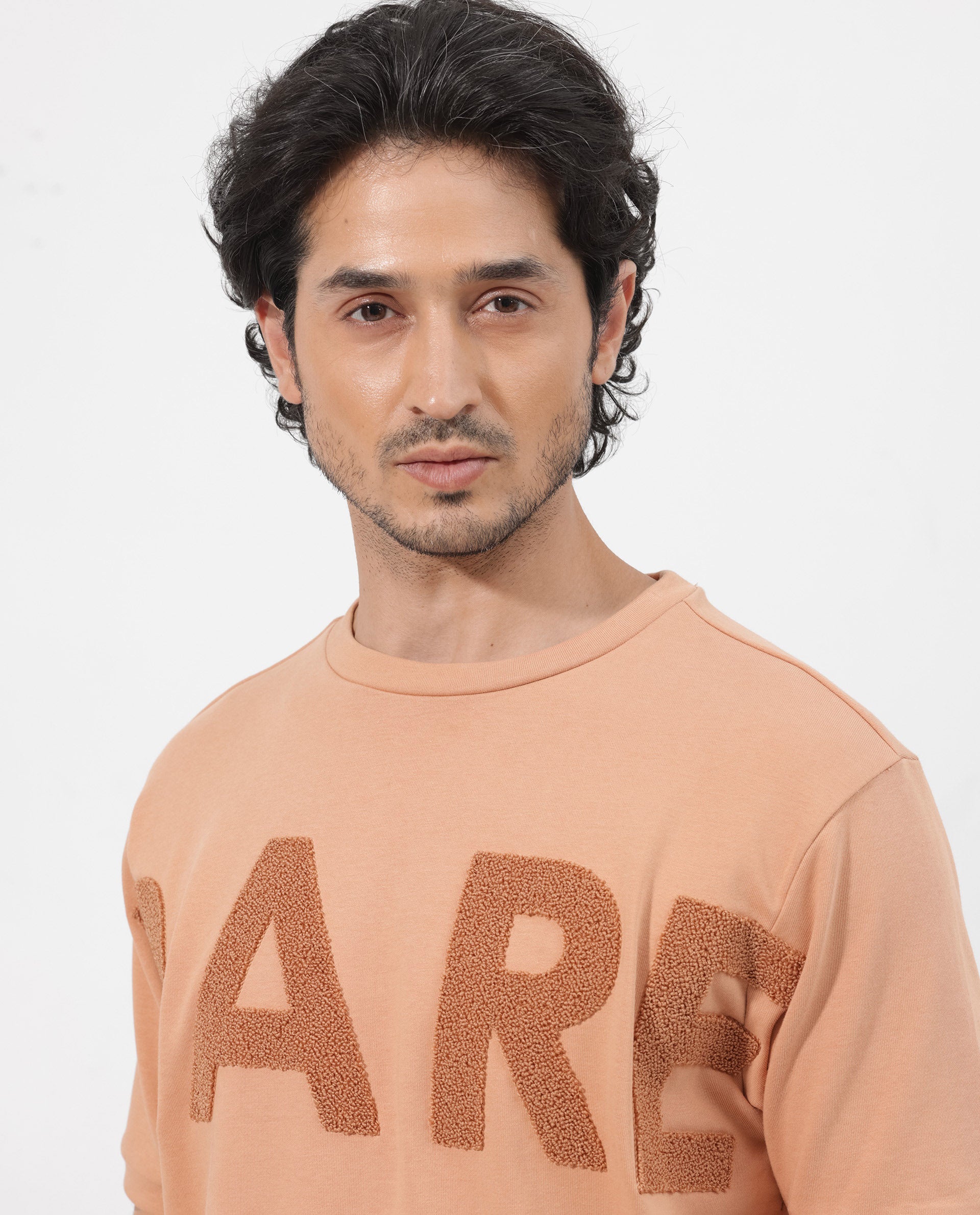 Rare Rabbit Mens Nor-2 Dusky Orange Loopback Terry Fabric Half Sleeves Towel Embroidered Oversized T-Shirt