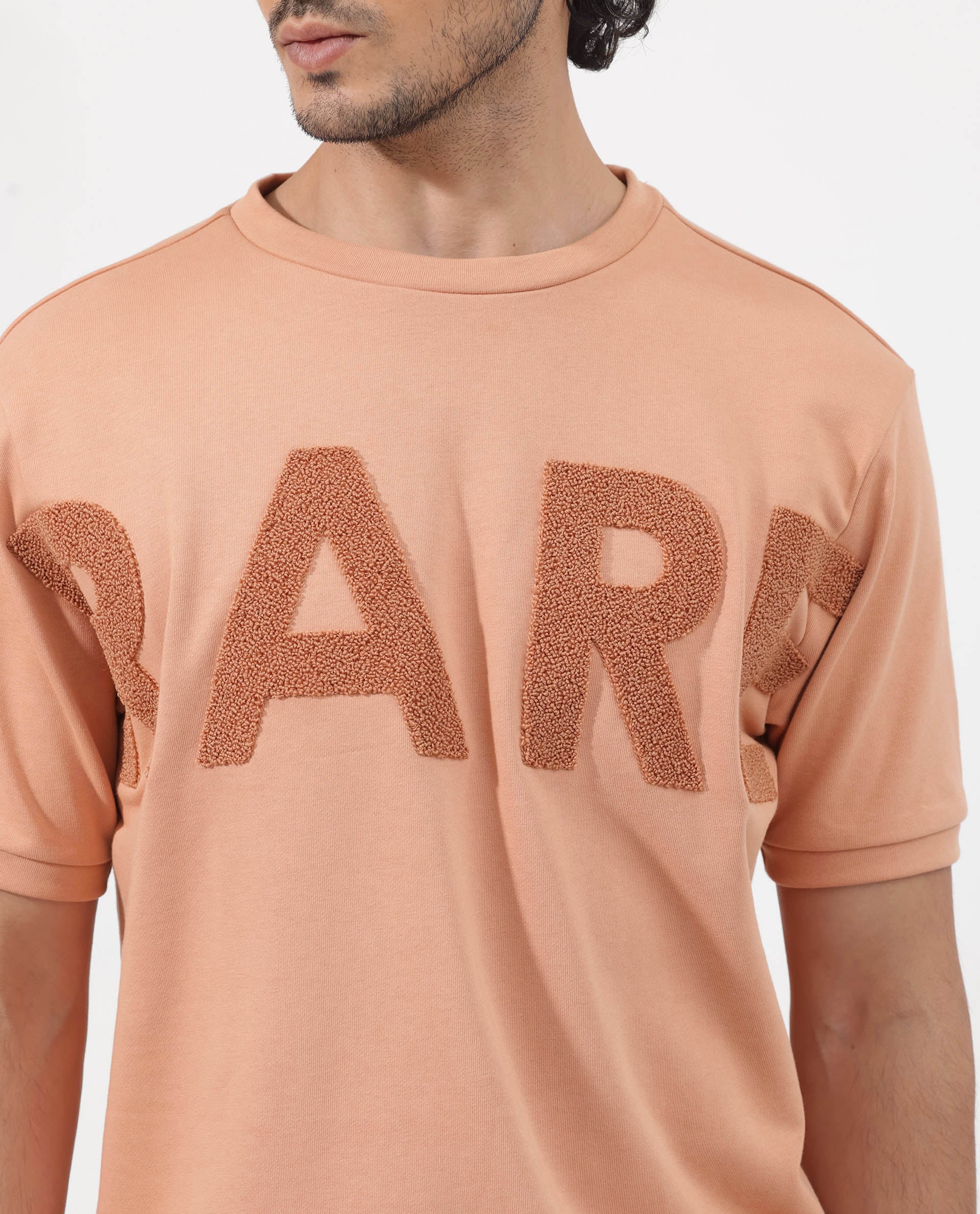 Rare Rabbit Mens Nor-2 Dusky Orange Loopback Terry Fabric Half Sleeves Towel Embroidered Oversized T-Shirt