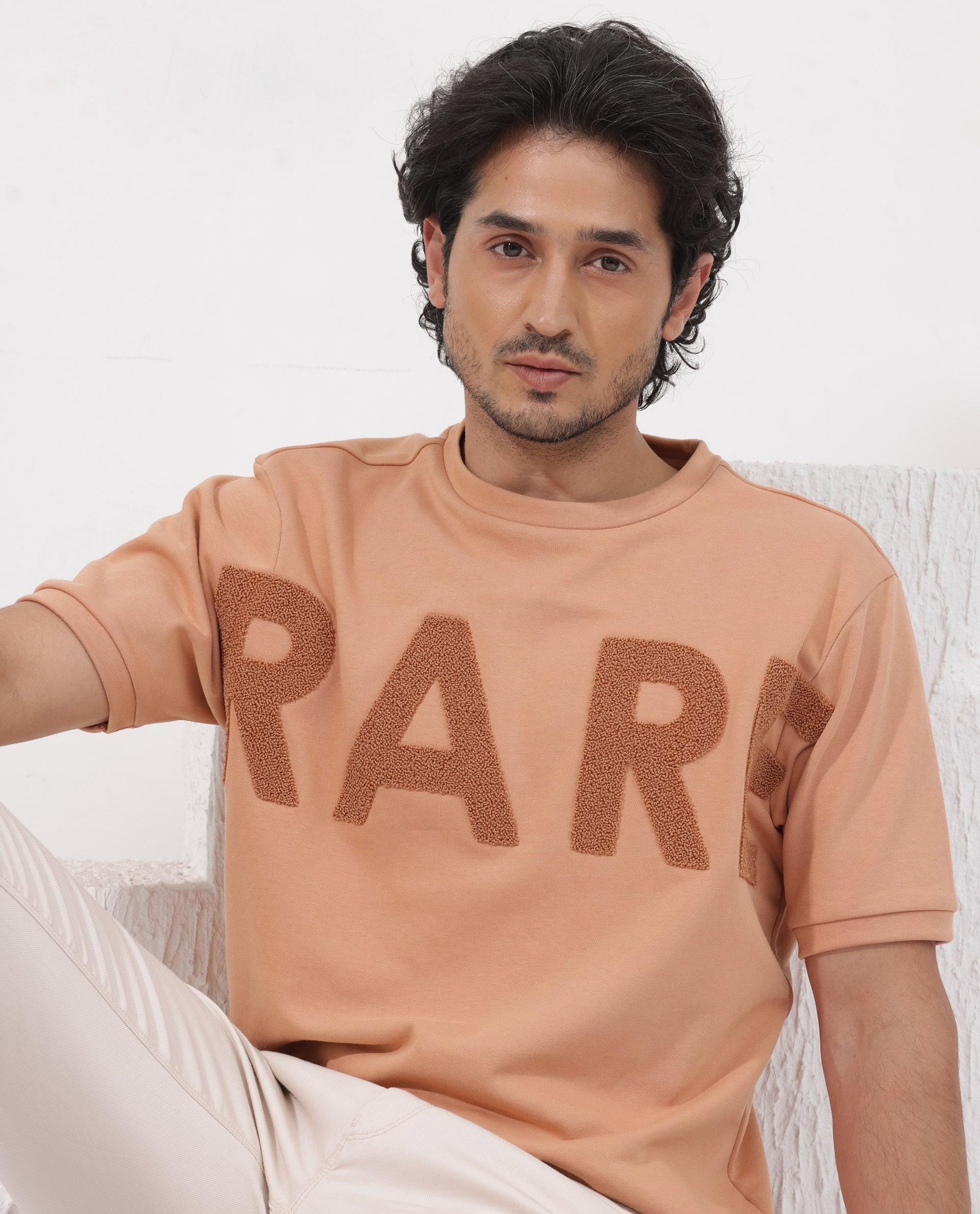 Rare Rabbit Mens Nor-2 Dusky Orange Loopback Terry Fabric Half Sleeves Towel Embroidered Oversized T-Shirt