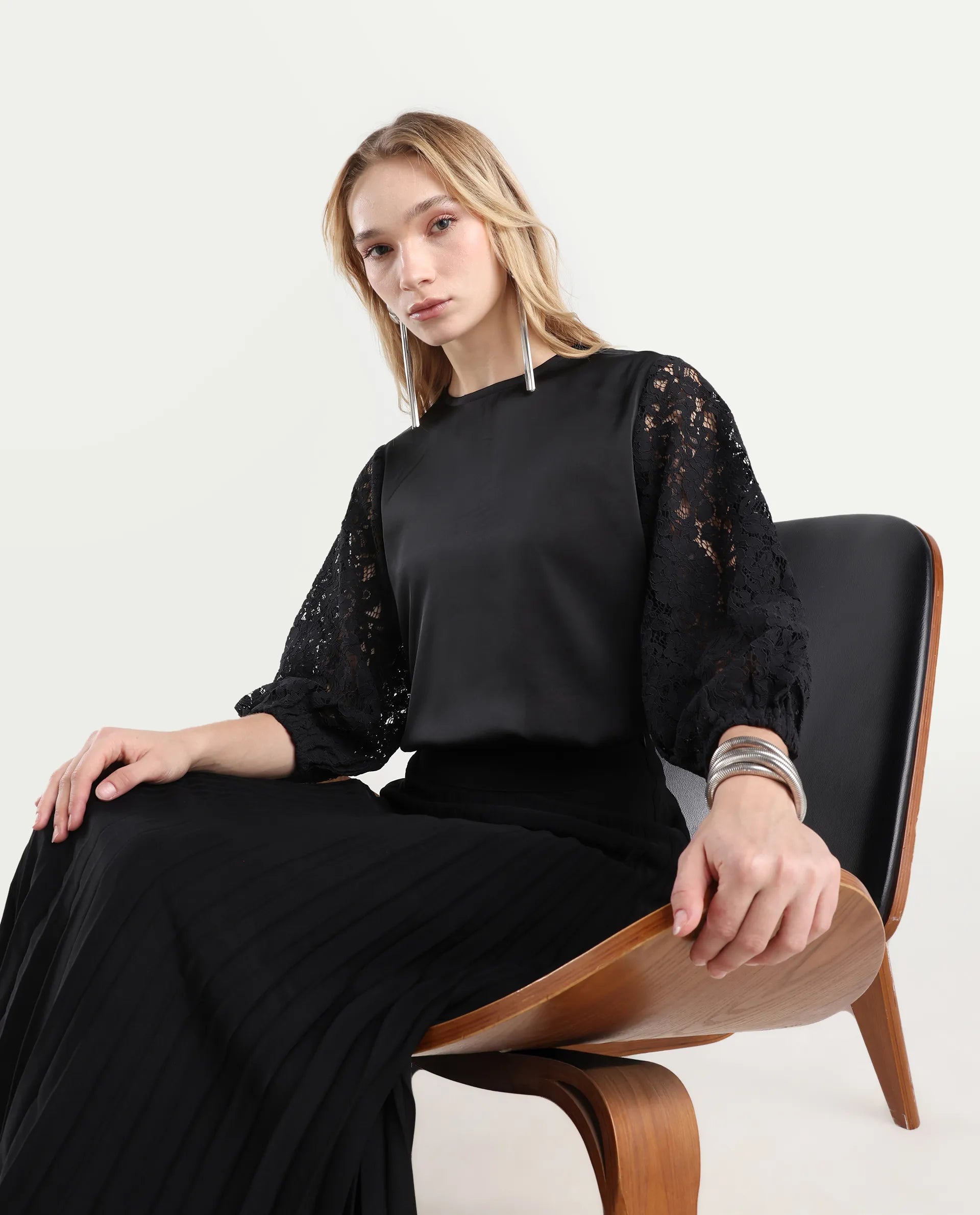 Rareism Women's Norbury Black Polyester High Neck Plain Balloon Sleeve Regular Fit Top