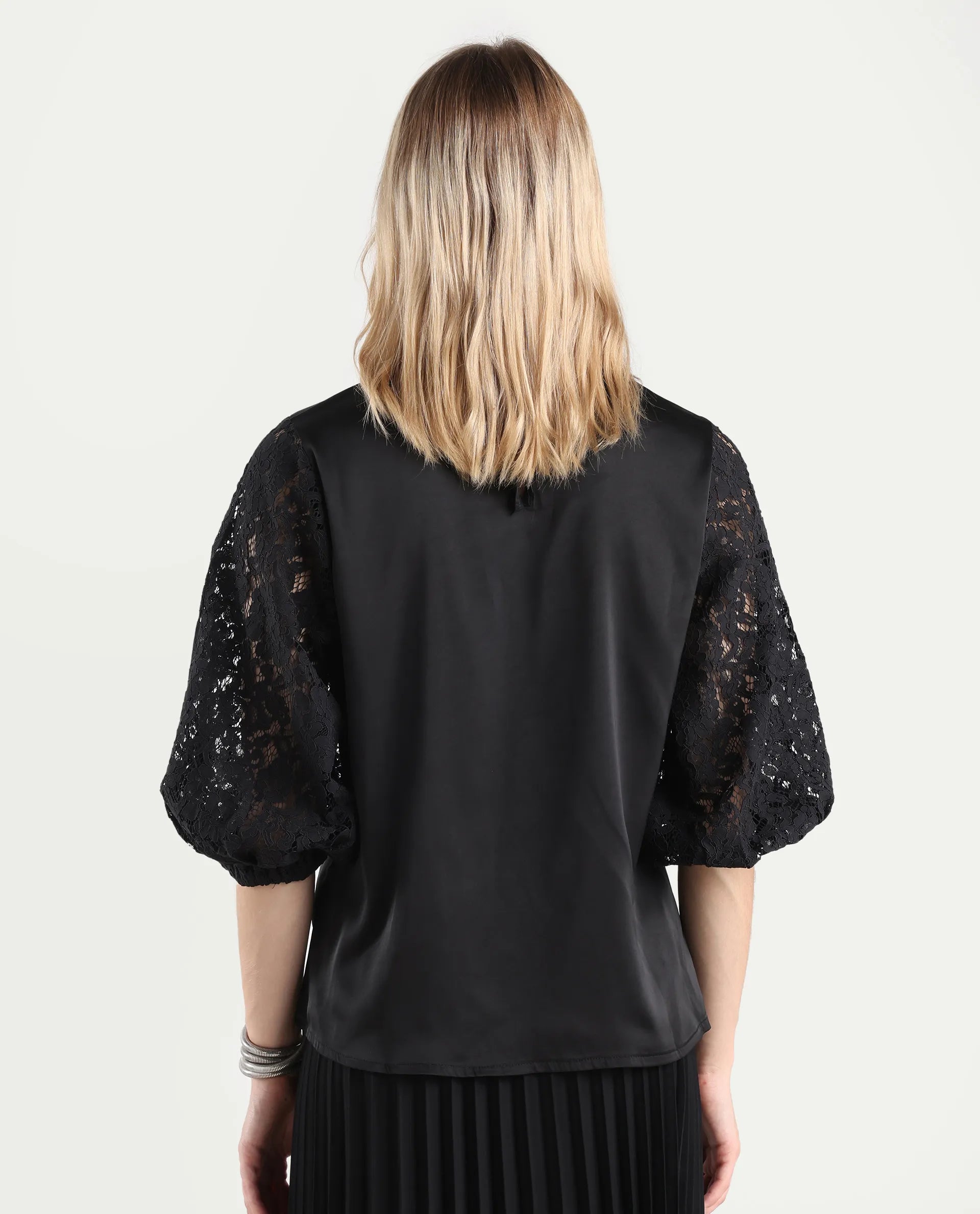 Rareism Women's Norbury Black Polyester High Neck Plain Balloon Sleeve Regular Fit Top