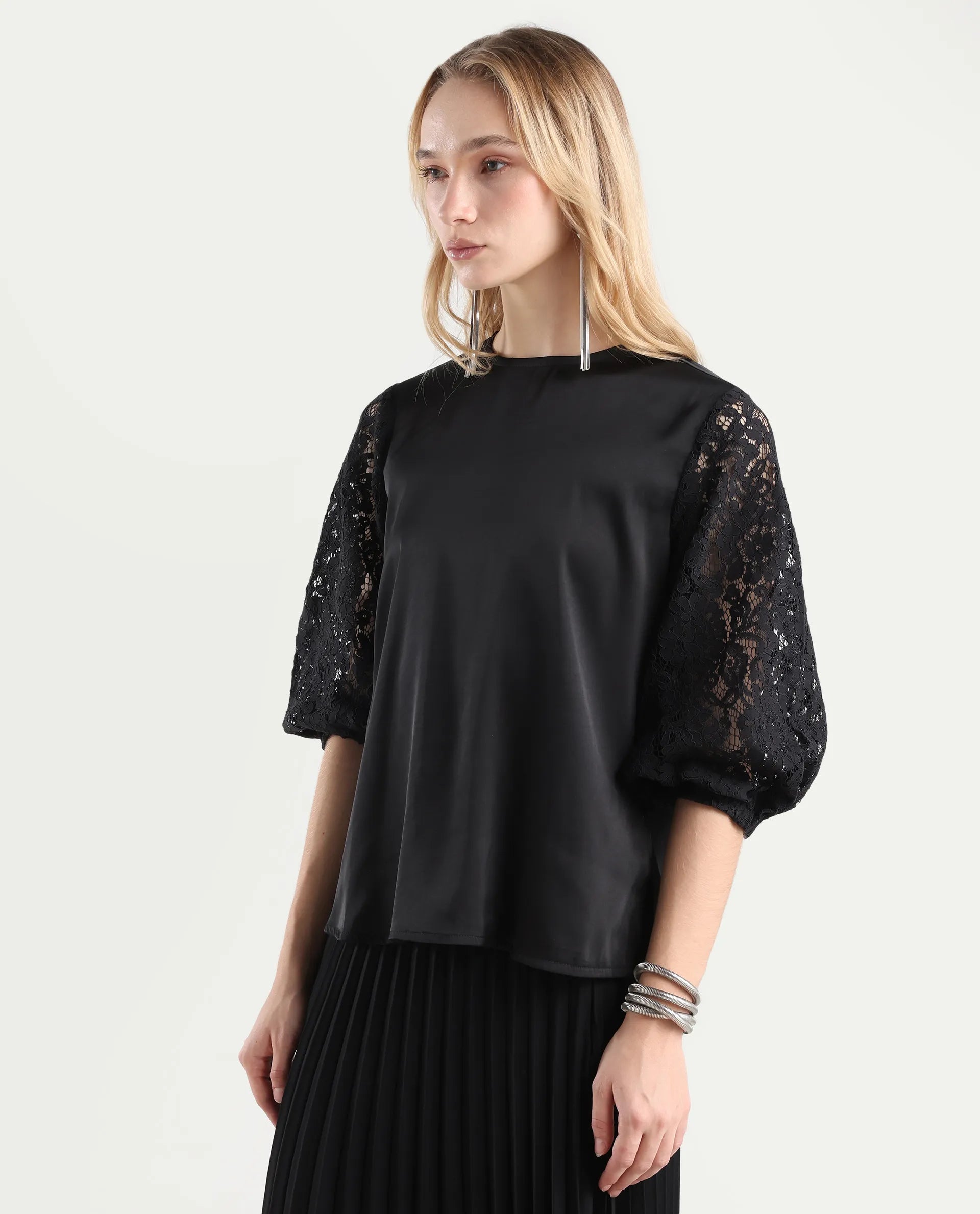 Rareism Women's Norbury Black Polyester High Neck Plain Balloon Sleeve Regular Fit Top