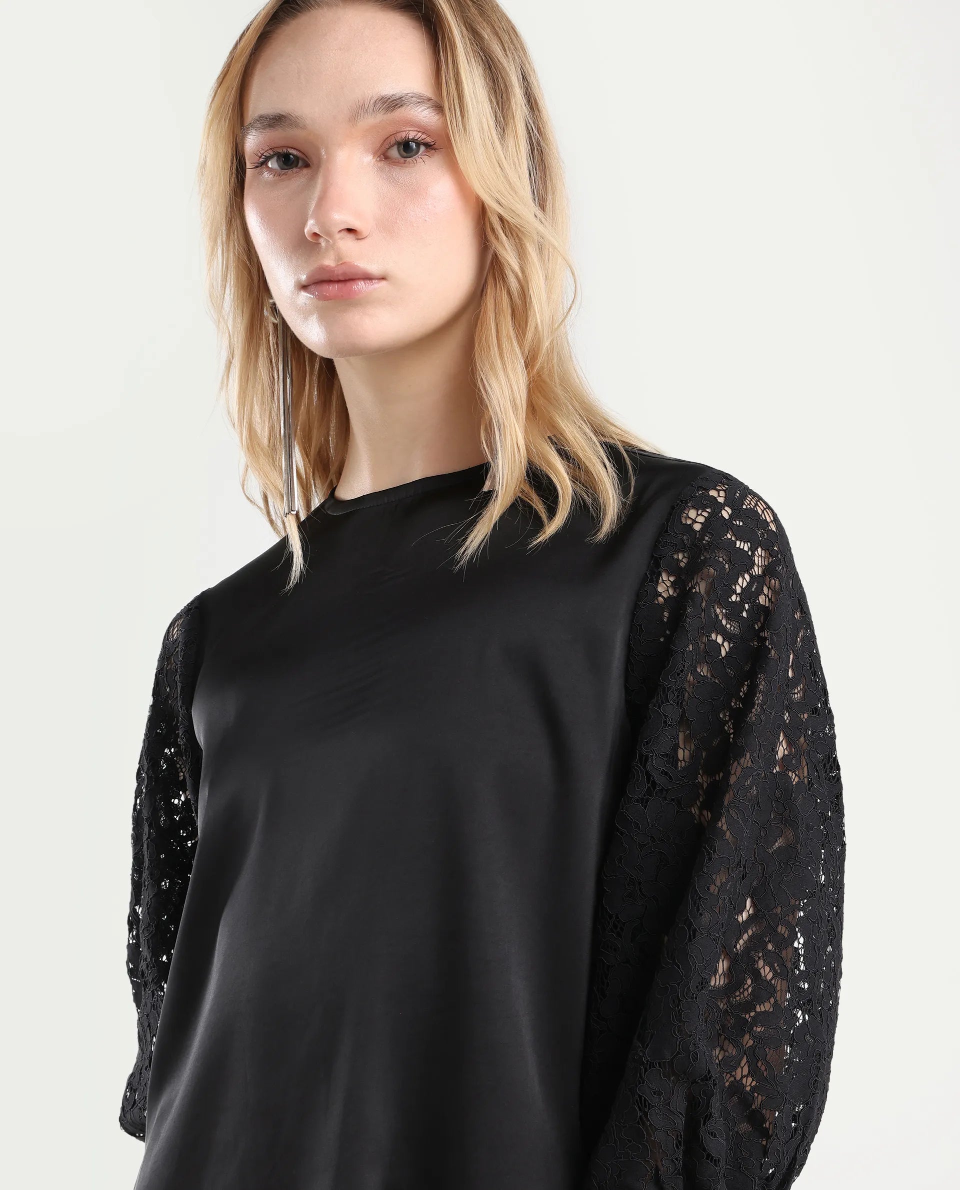 Rareism Women's Norbury Black Polyester High Neck Plain Balloon Sleeve Regular Fit Top