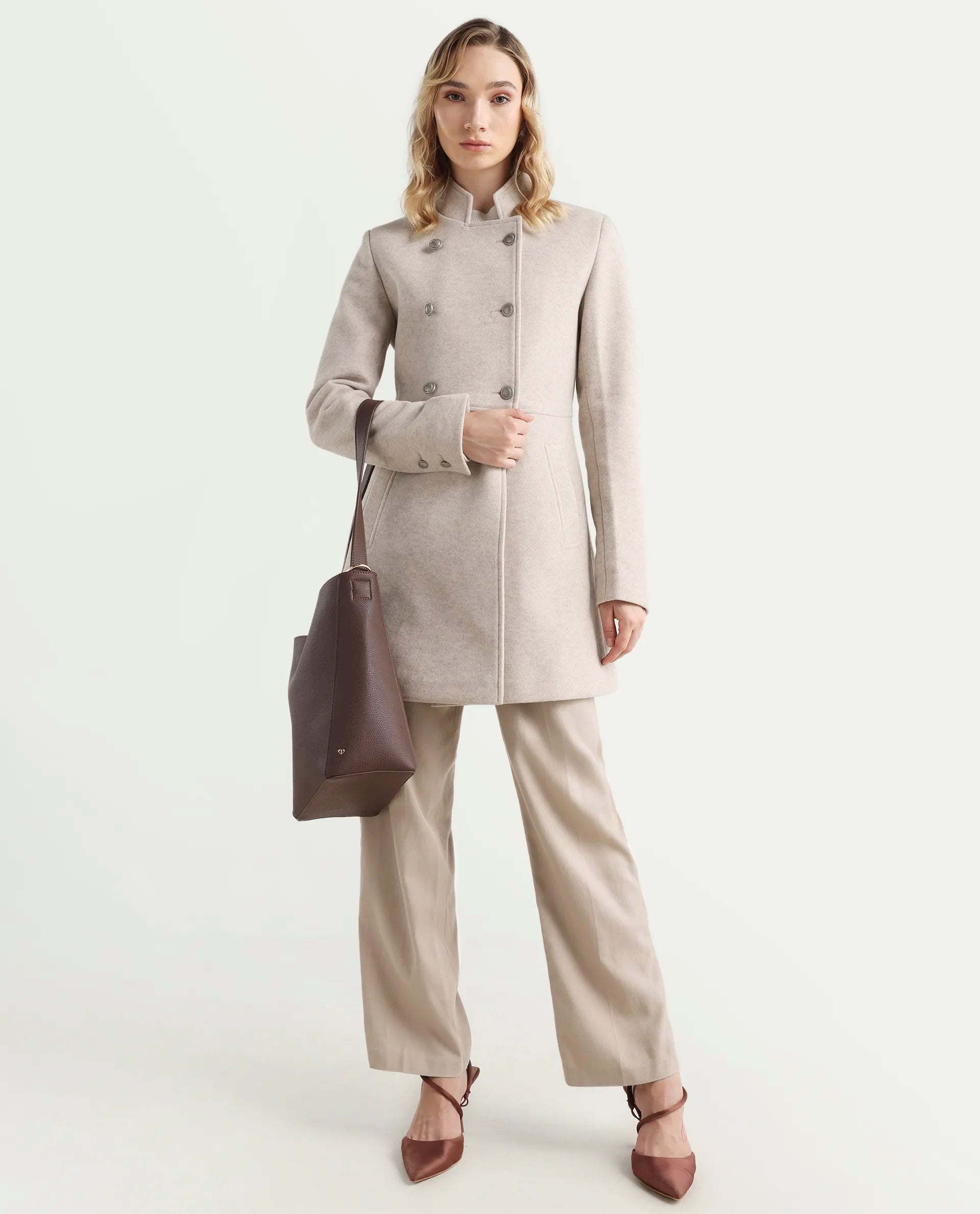 Rareism Women's Norint Beige Polyester Blend Mandarin Collar Fitted Coat