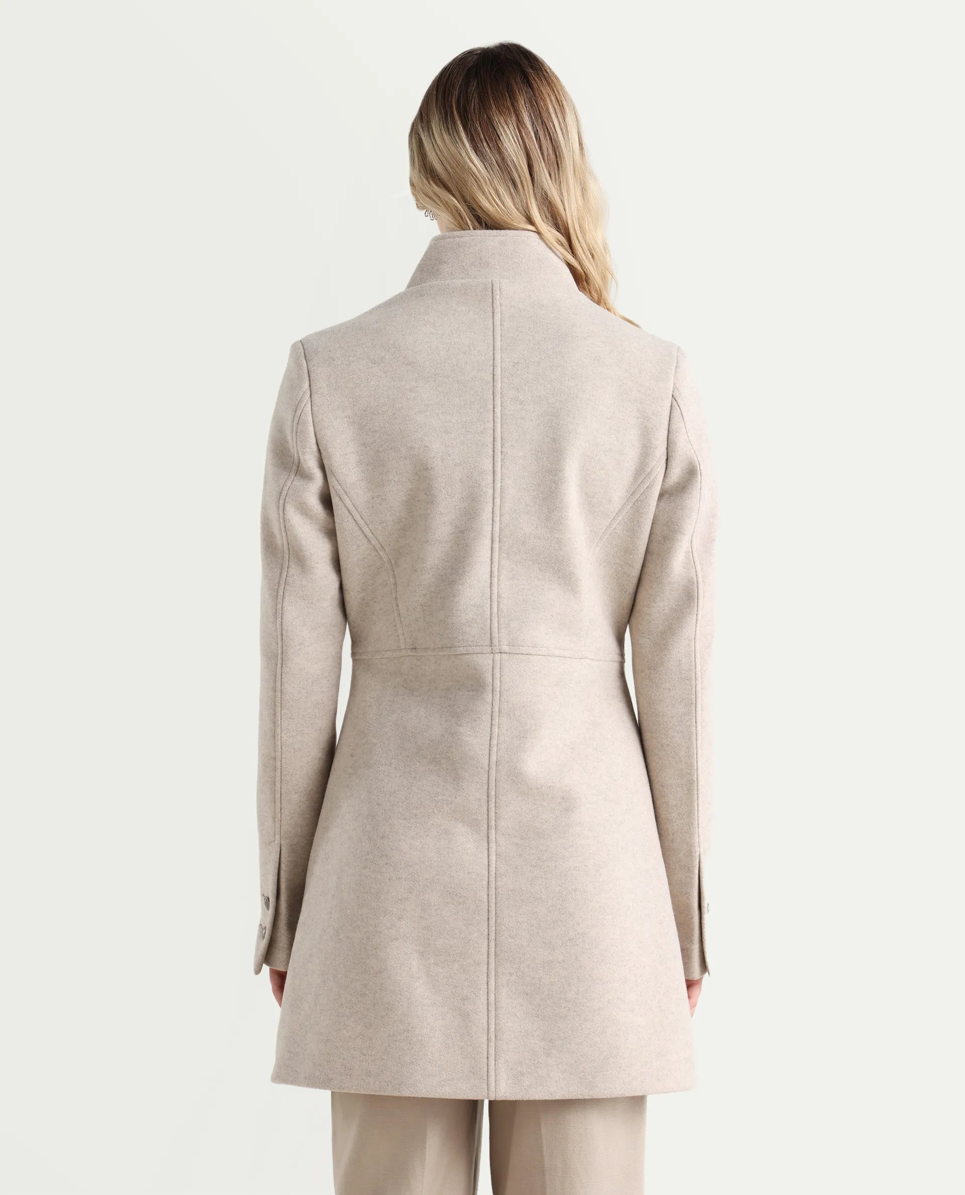 Rareism Women's Norint Beige Polyester Blend Mandarin Collar Fitted Coat