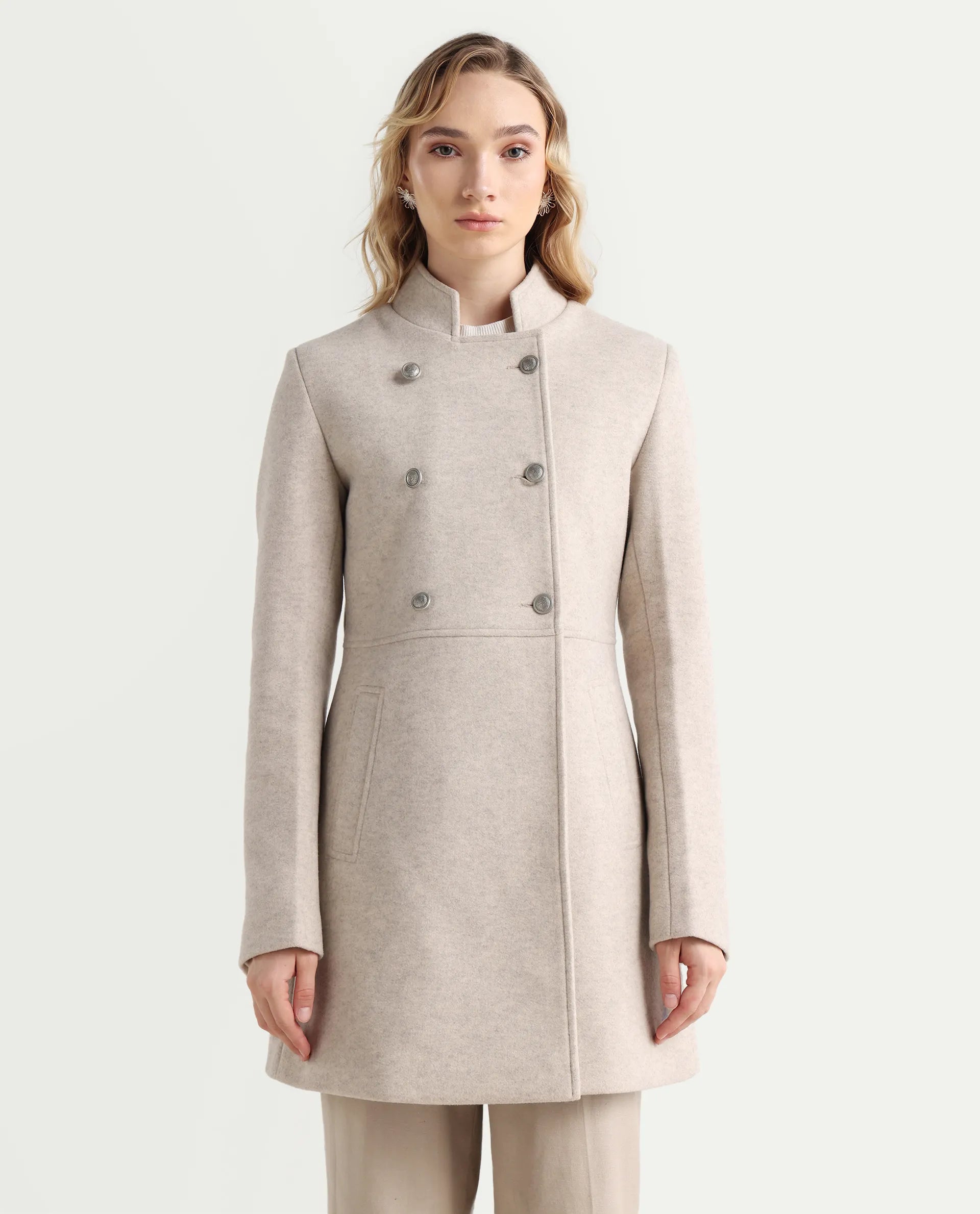 Rareism Women's Norint Beige Polyester Blend Mandarin Collar Fitted Coat