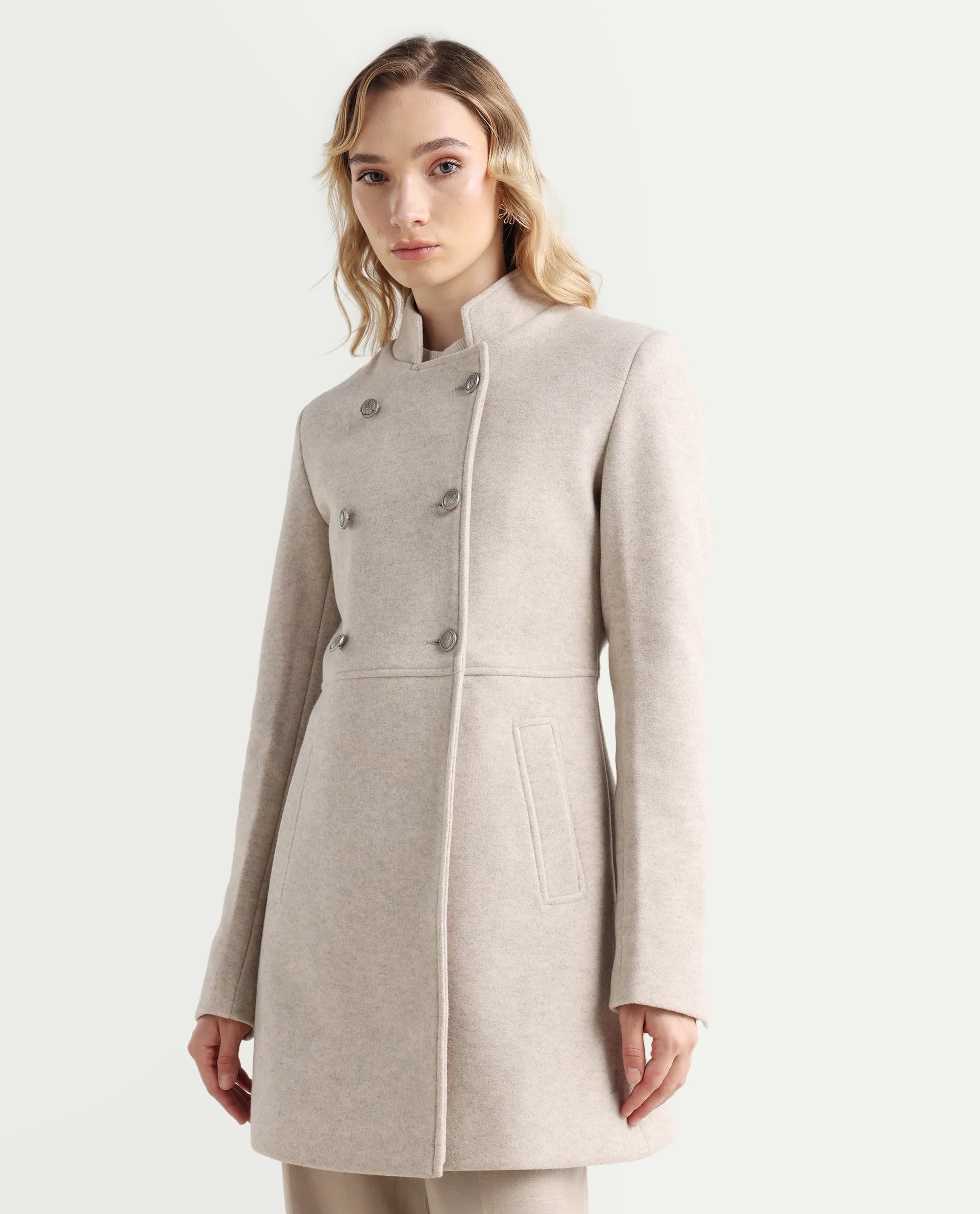 Rareism Women's Norint Beige Polyester Blend Mandarin Collar Fitted Coat