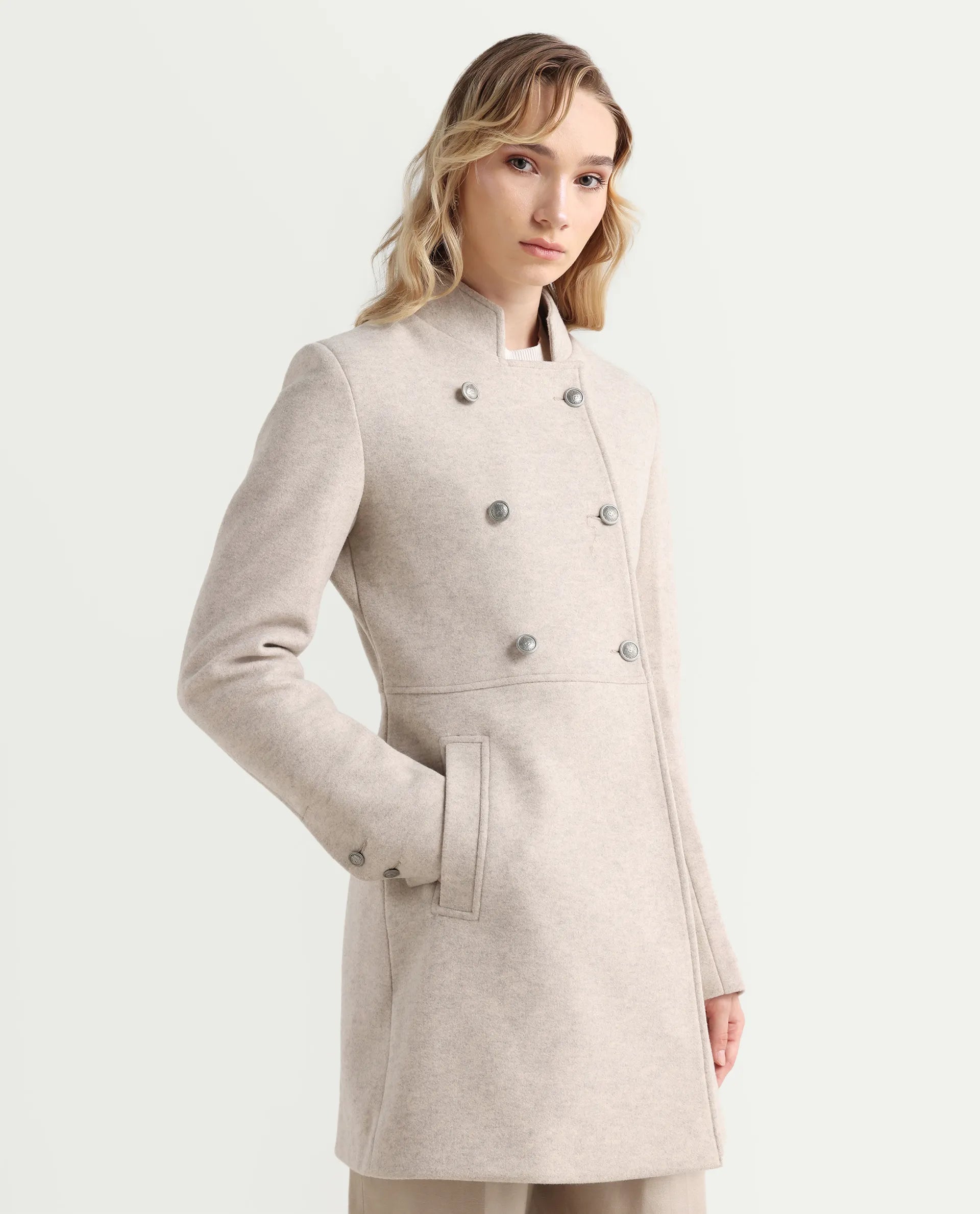Rareism Women's Norint Beige Polyester Blend Mandarin Collar Fitted Coat