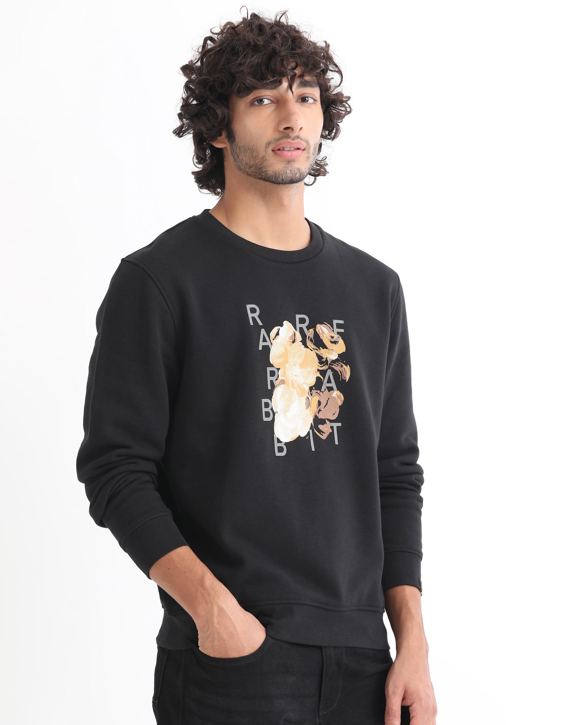 Rare Rabbit Men's Notic Black Cotton Polyester Fabric Full Sleeves Abstract Floral Print Sweatshirt