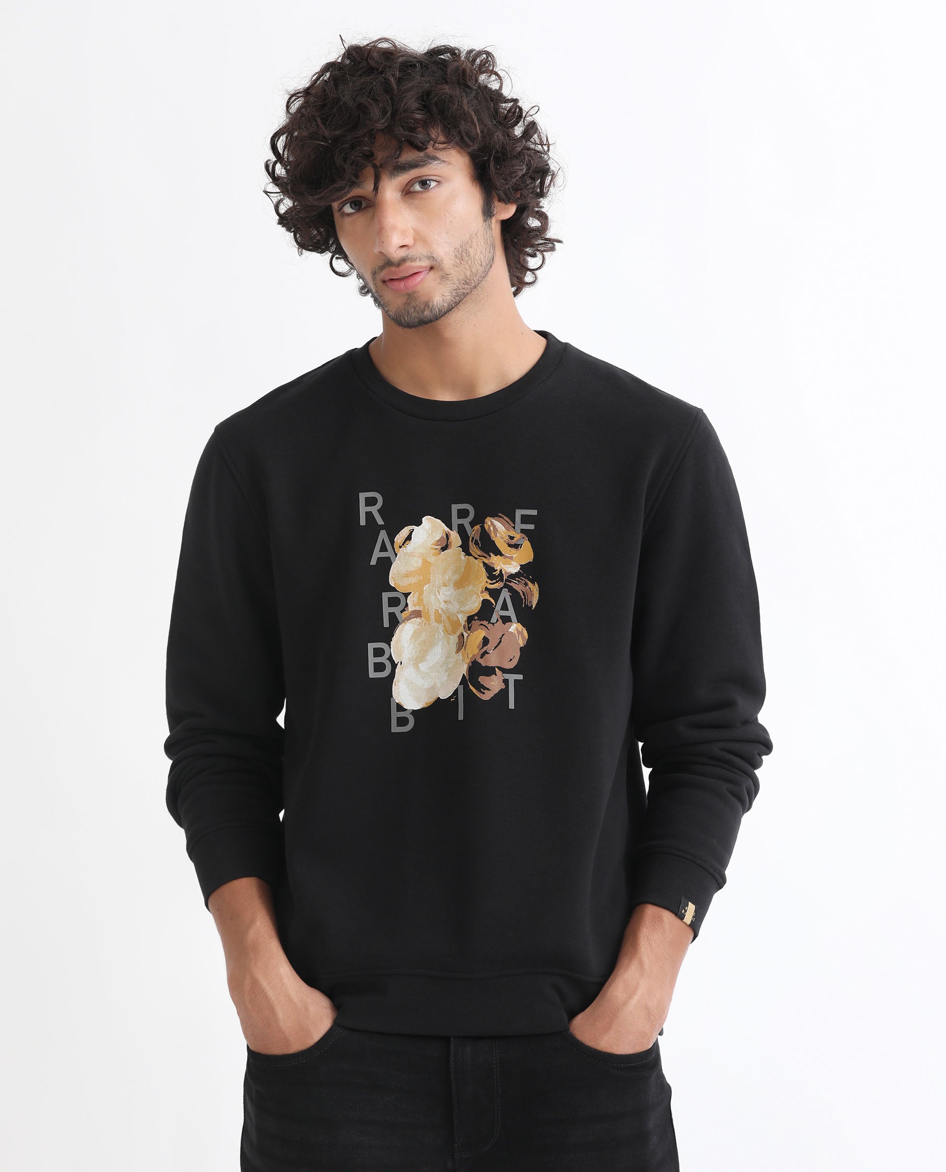 Rare Rabbit Men's Notic Black Cotton Polyester Fabric Full Sleeves Abstract Floral Print Sweatshirt