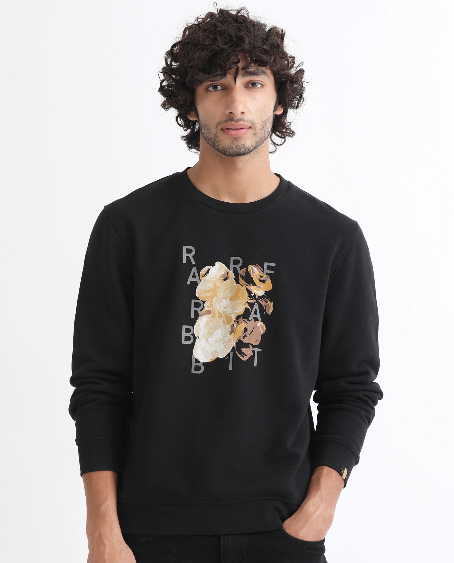 Rare Rabbit Men's Notic Black Cotton Floral Print Relaxed Fit Full Sleeve Crew Neck Sweatshirt