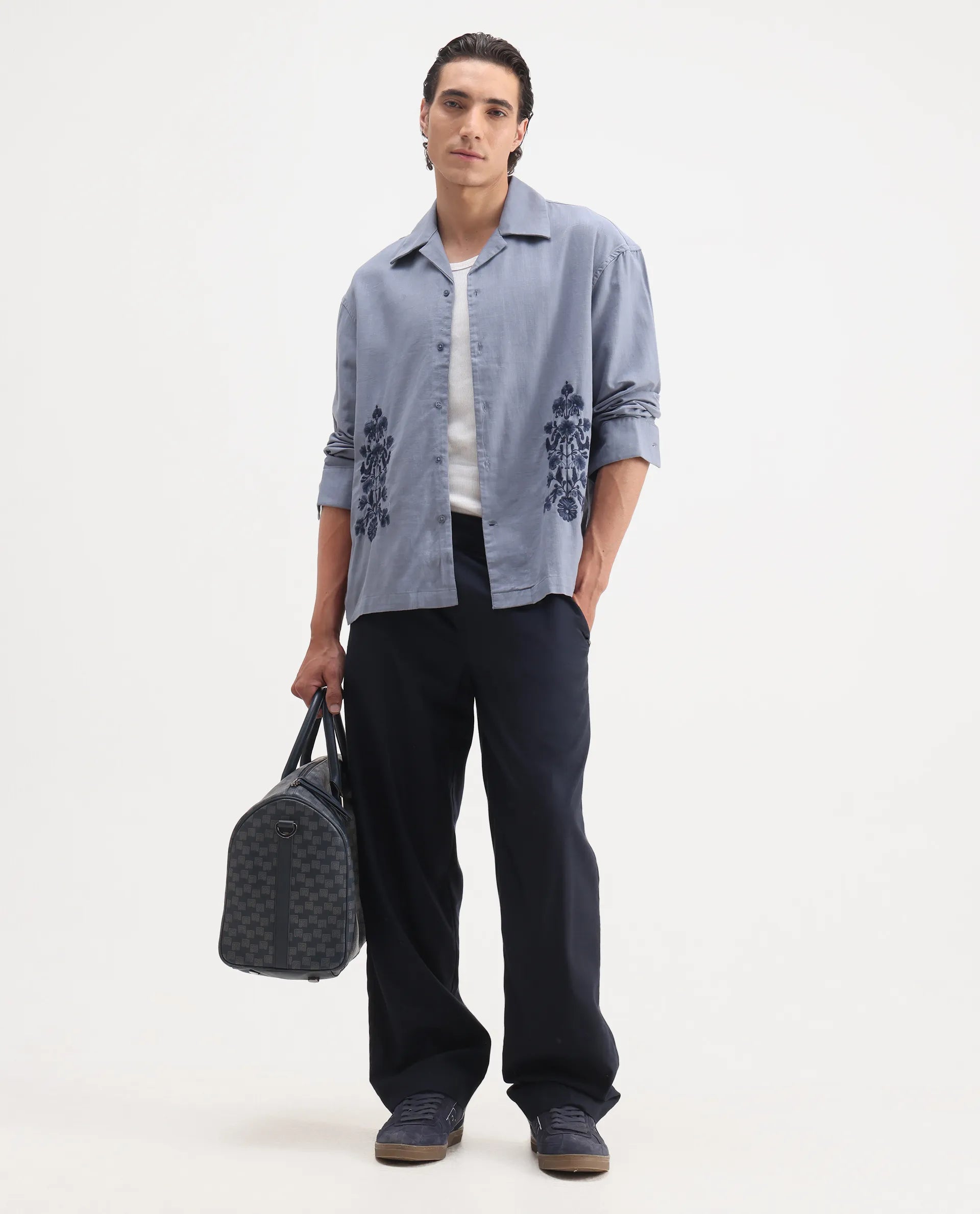 Rare Rabbit Men's Noyon Light Blue Cotton Embroidered Relaxed Fit Full Sleeve Cuban Collar Shirt