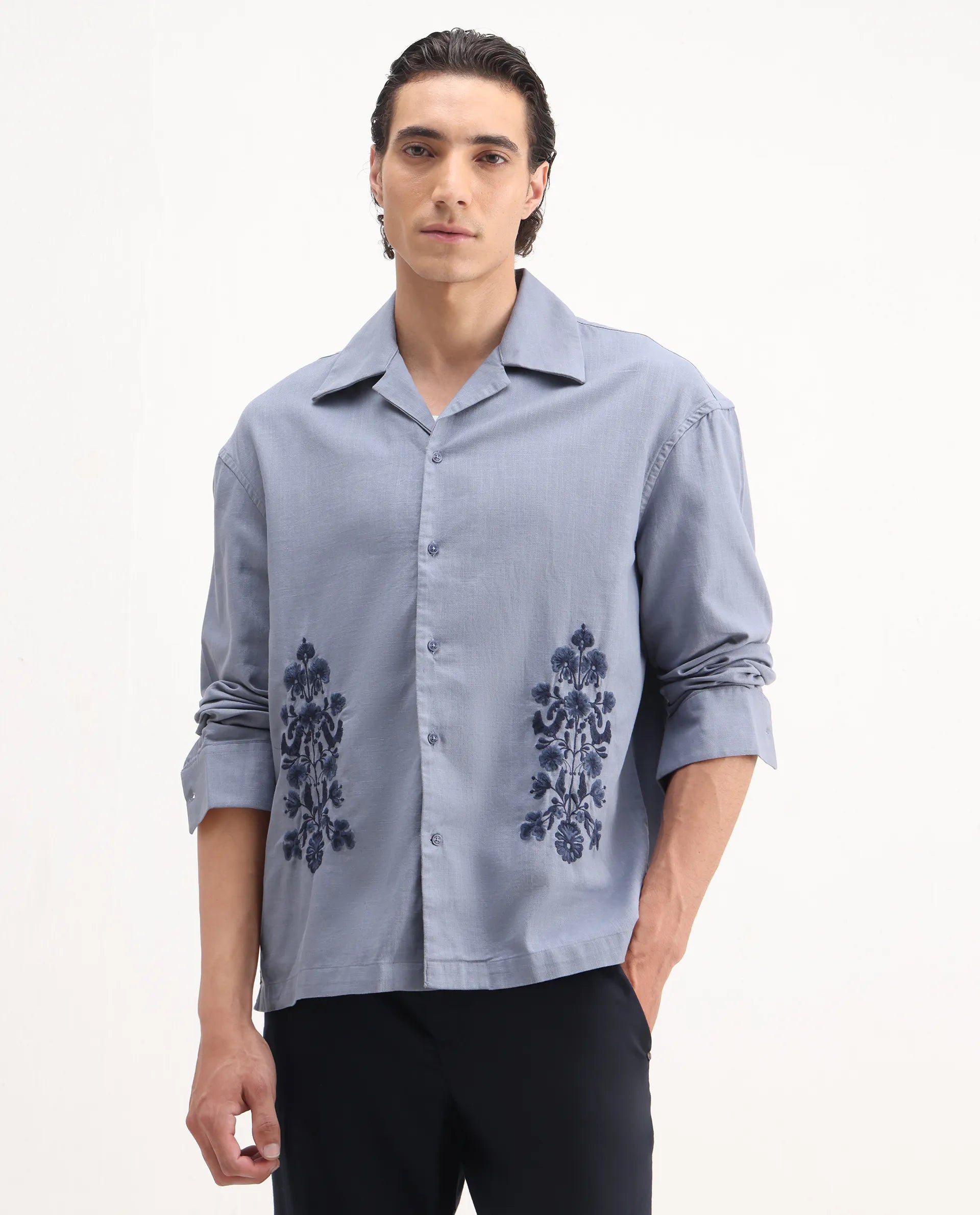 Rare Rabbit Men's Noyon Light Blue Cotton Embroidered Relaxed Fit Full Sleeve Cuban Collar Shirt