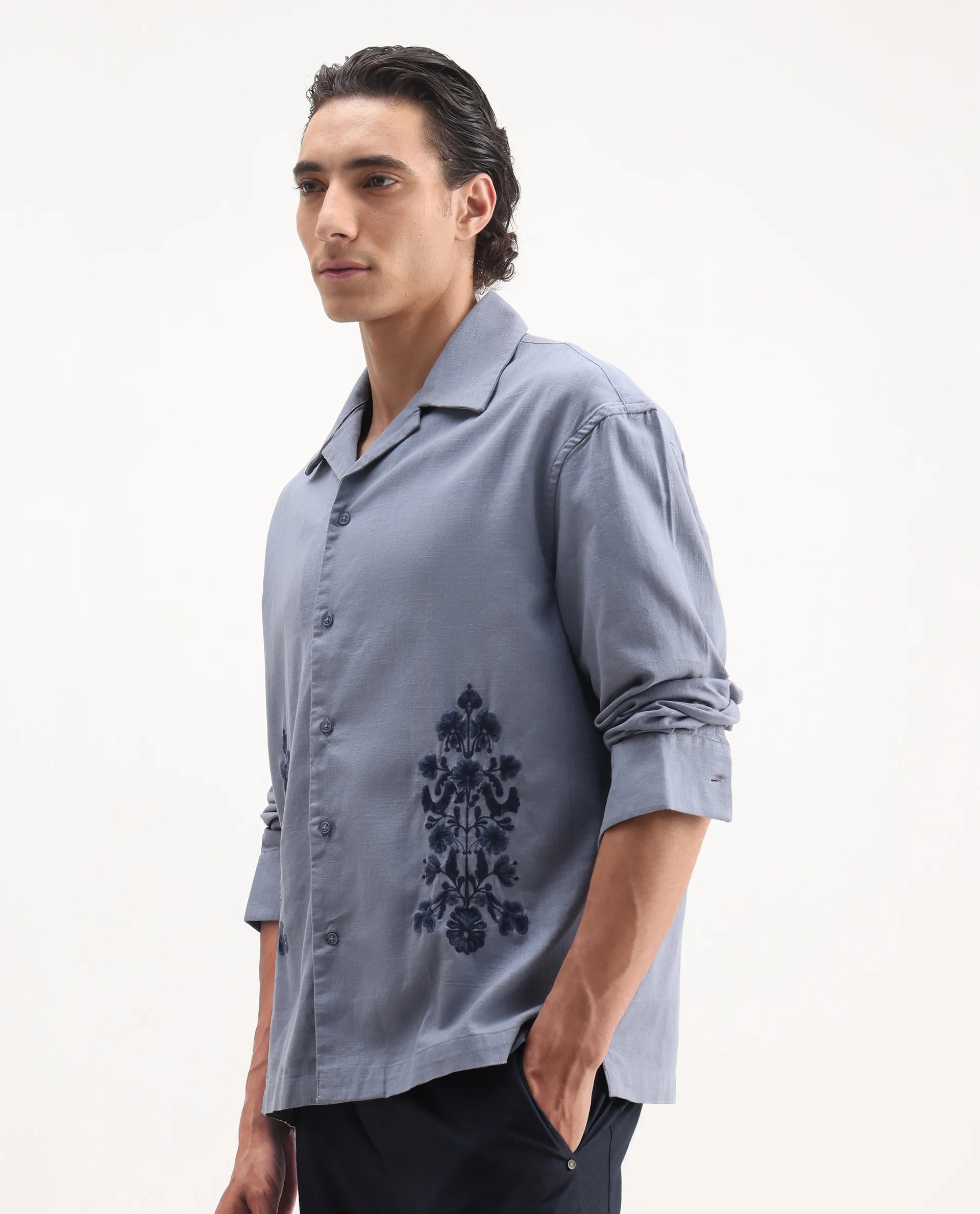 Rare Rabbit Men's Noyon Light Blue Cotton Embroidered Relaxed Fit Full Sleeve Cuban Collar Shirt