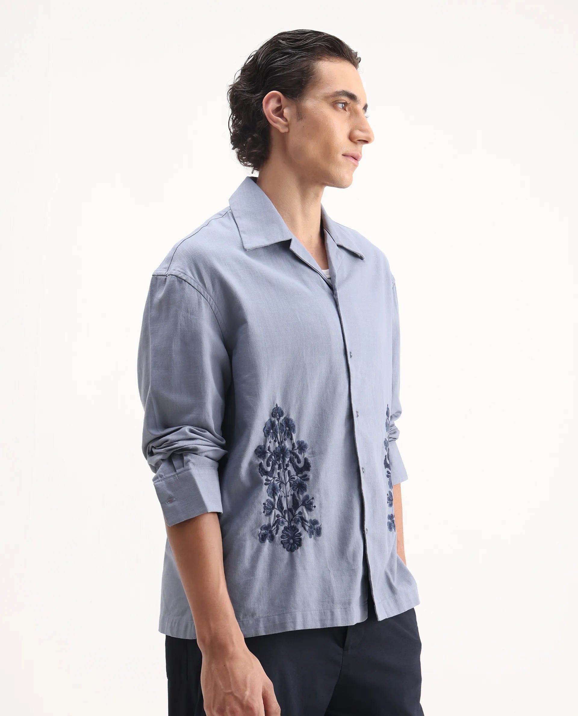 Rare Rabbit Men's Noyon Light Blue Cotton Embroidered Relaxed Fit Full Sleeve Cuban Collar Shirt