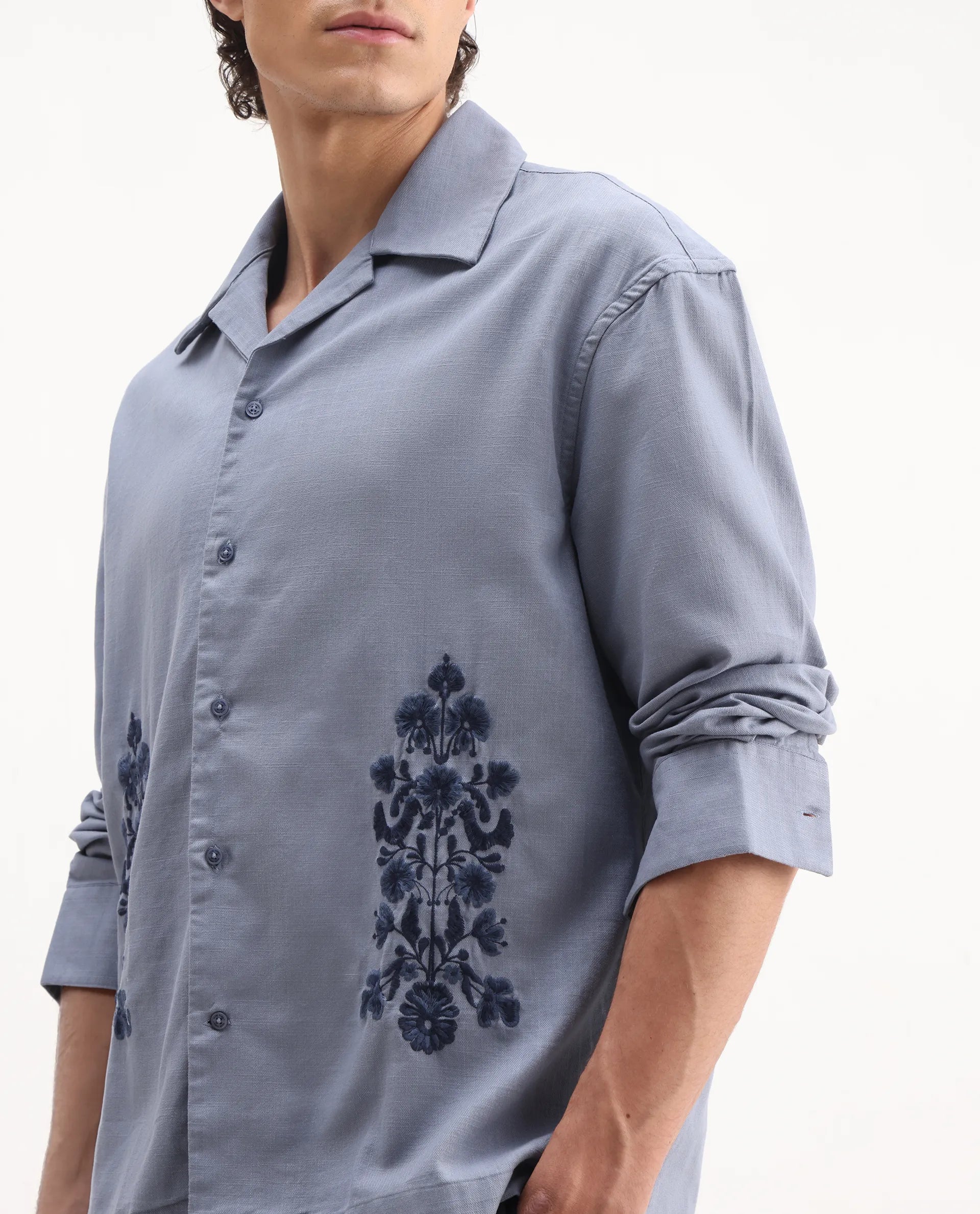 Rare Rabbit Men's Noyon Light Blue Cotton Embroidered Relaxed Fit Full Sleeve Cuban Collar Shirt
