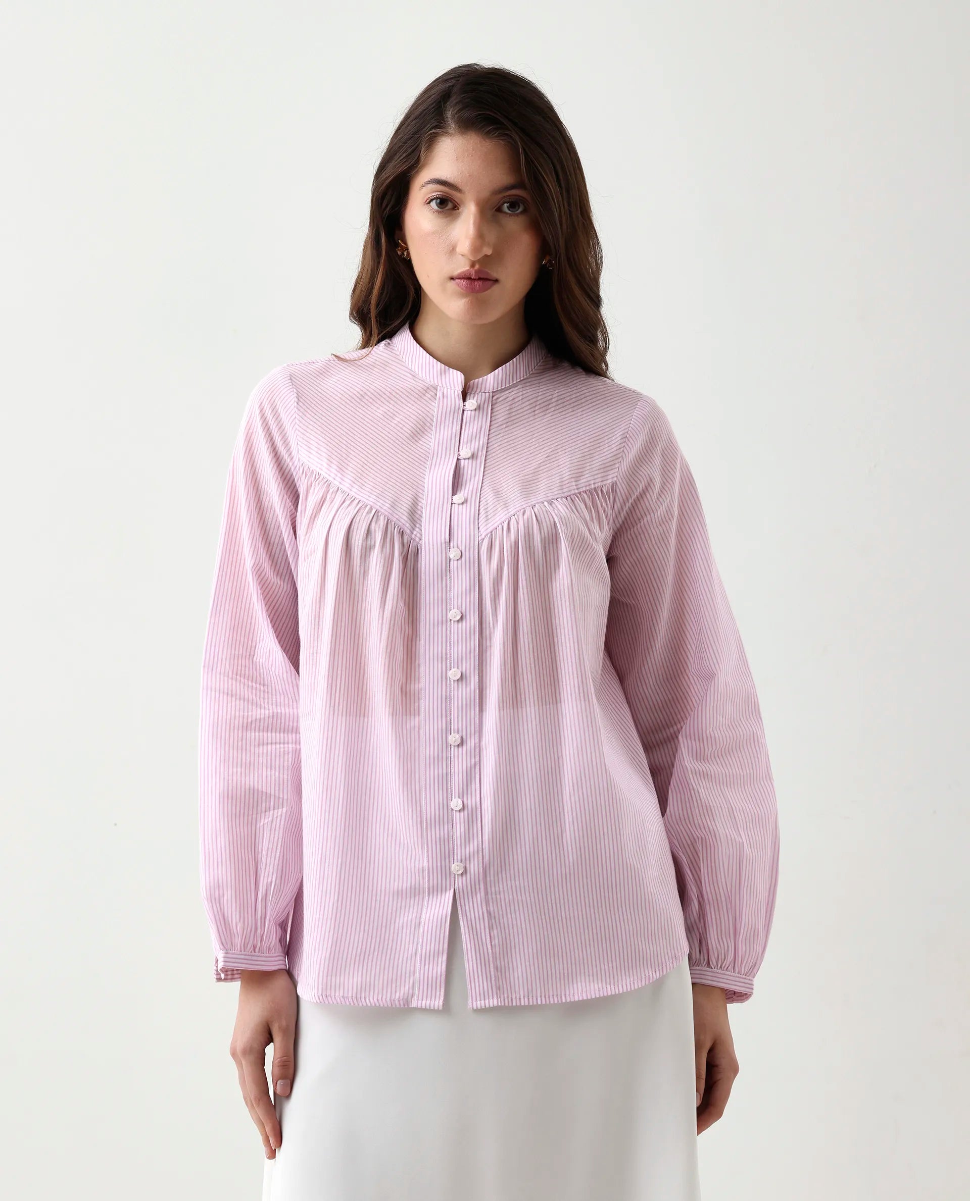 Rareism Women's Nubelo Purple Cotton Blend Mandarin Collar Regular Fit Top