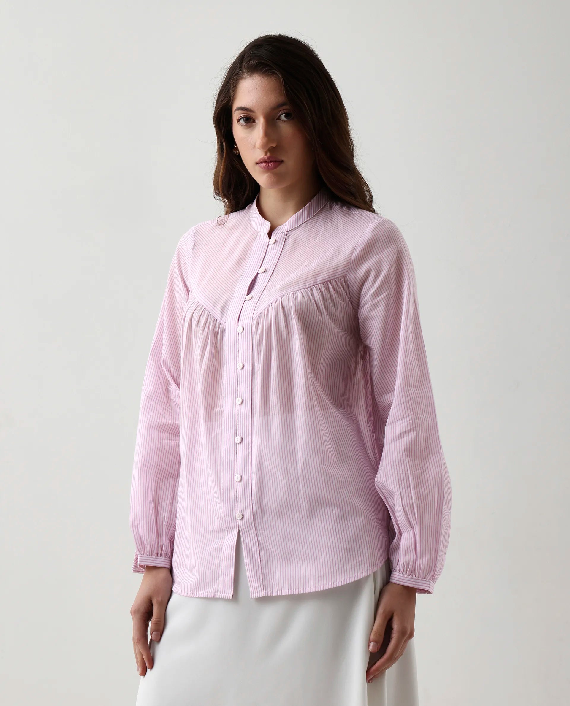 Rareism Women's Nubelo Purple Cotton Blend Mandarin Collar Regular Fit Top