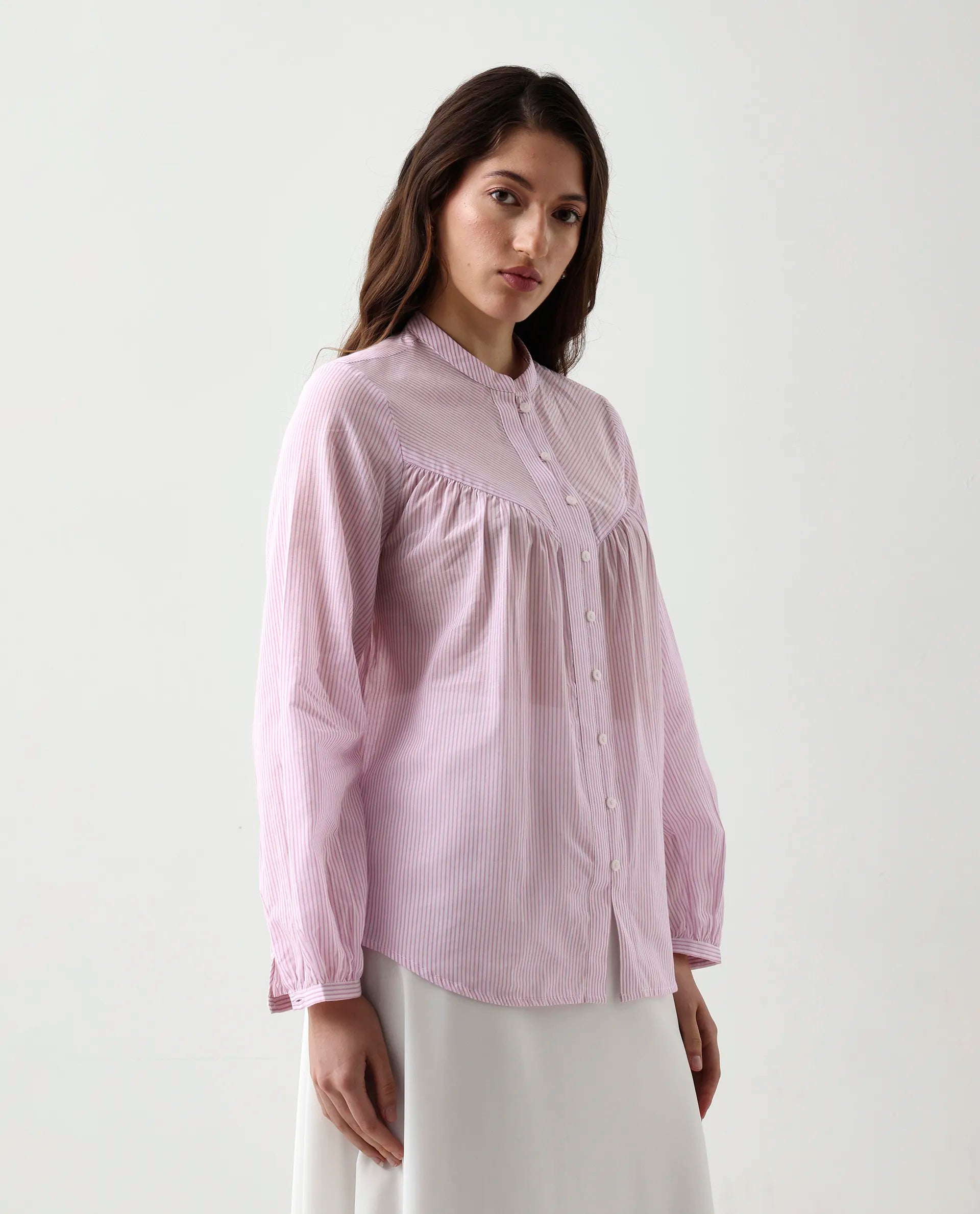 Rareism Women's Nubelo Purple Cotton Blend Mandarin Collar Regular Fit Top