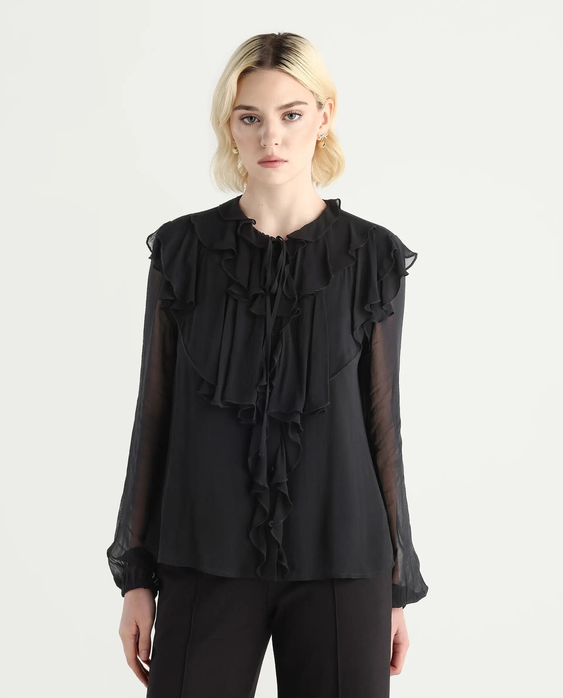 Rareism Women's Nubin Black Polyester Bishop Sleeve Ruffled Neck Regular Fit Plain Top