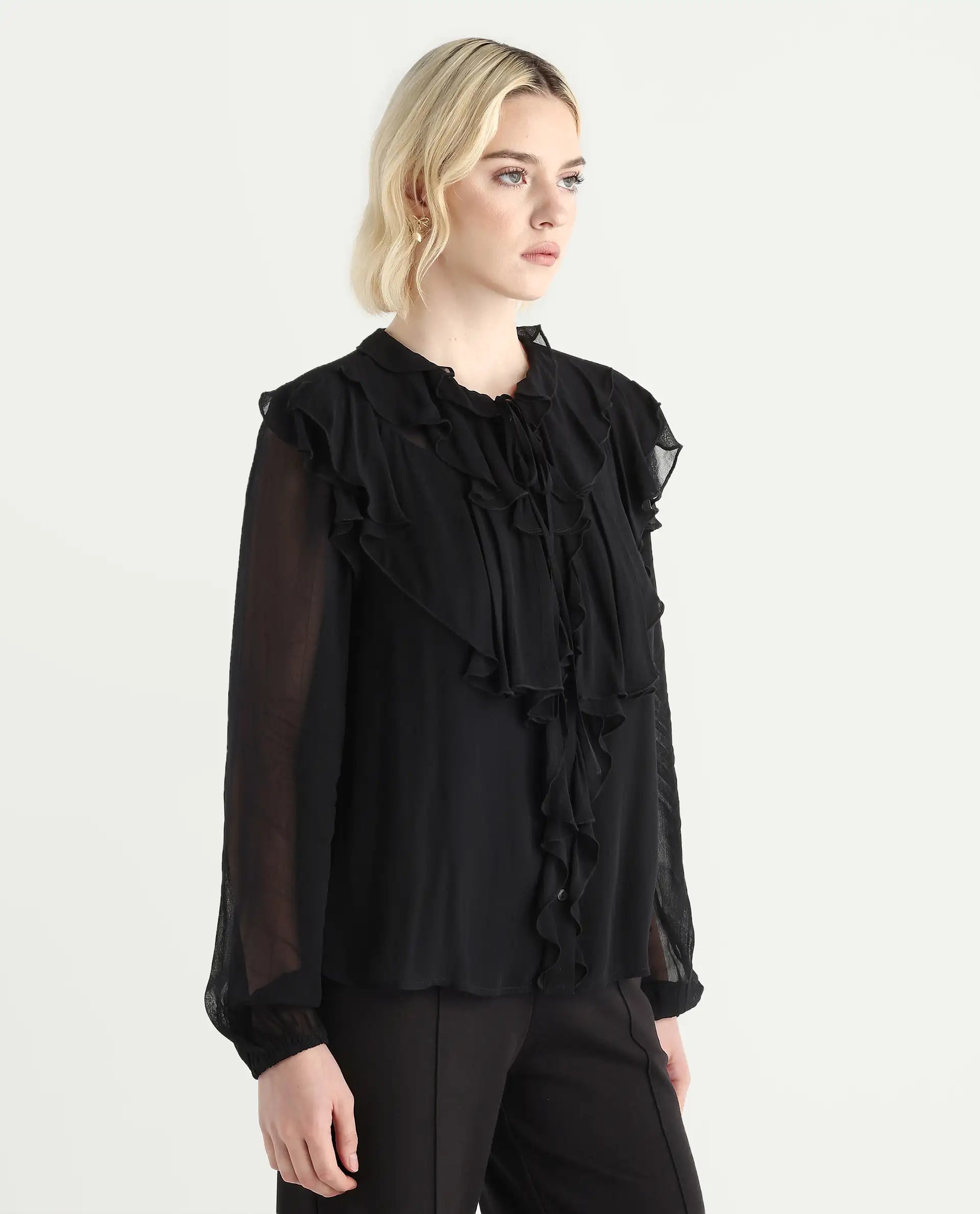 Rareism Women's Nubin Black Polyester Bishop Sleeve Ruffled Neck Regular Fit Plain Top