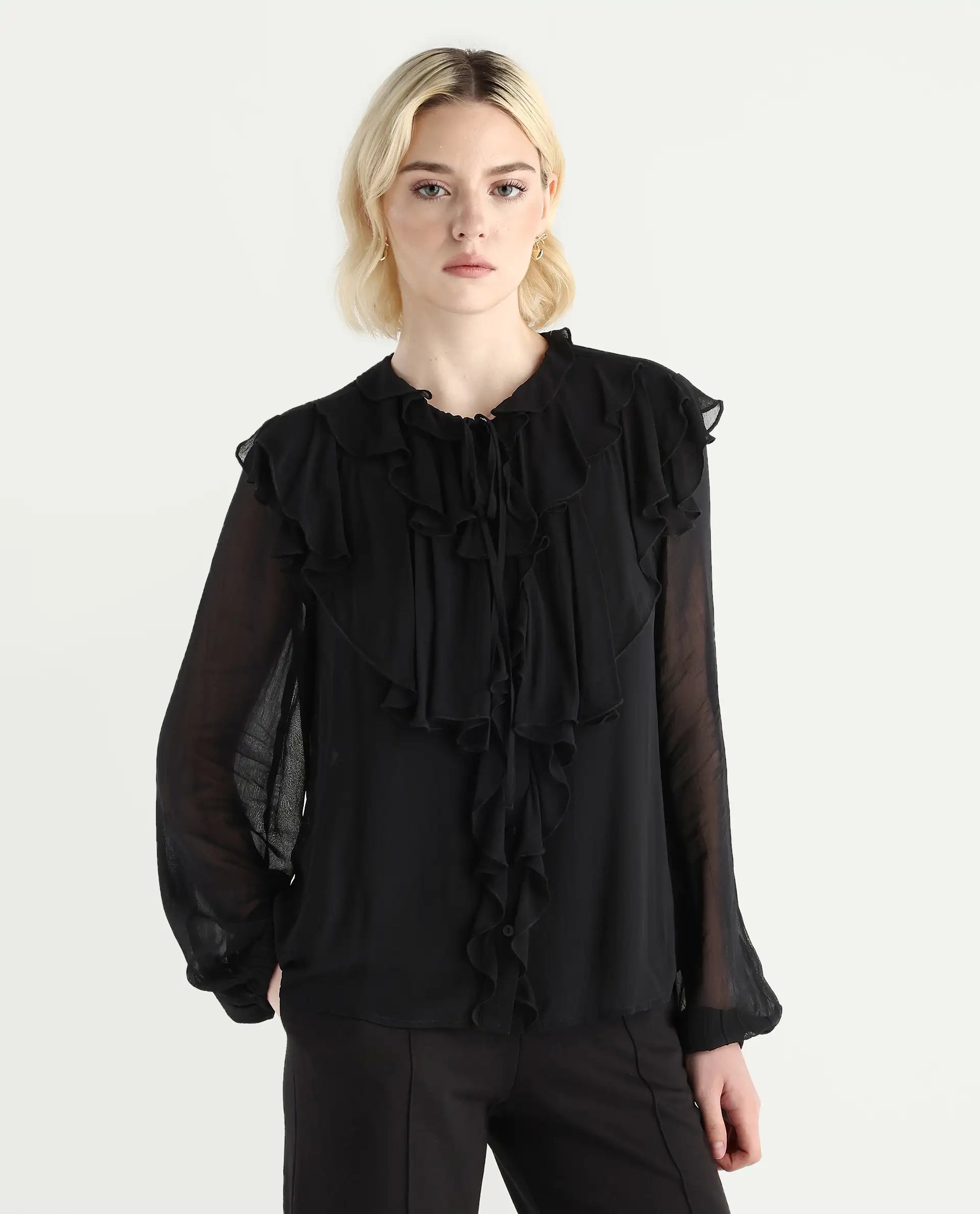 Rareism Women's Nubin Black Polyester Bishop Sleeve Ruffled Neck Regular Fit Plain Top