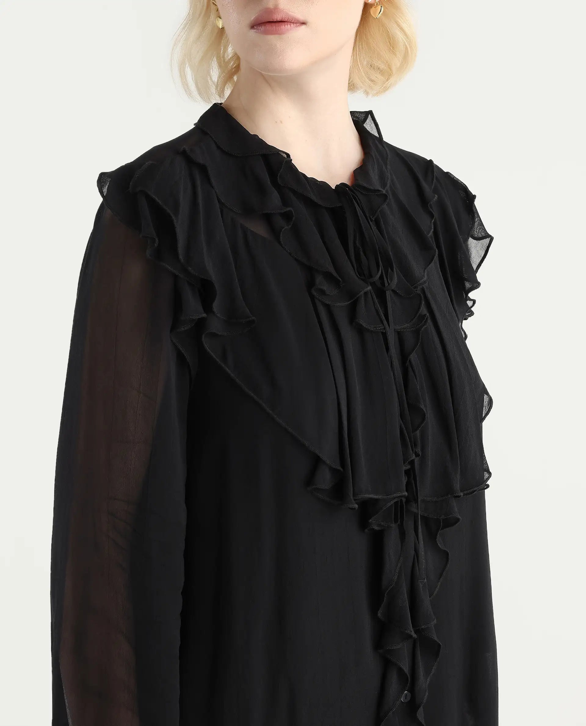 Rareism Women's Nubin Black Polyester Bishop Sleeve Ruffled Neck Regular Fit Plain Top