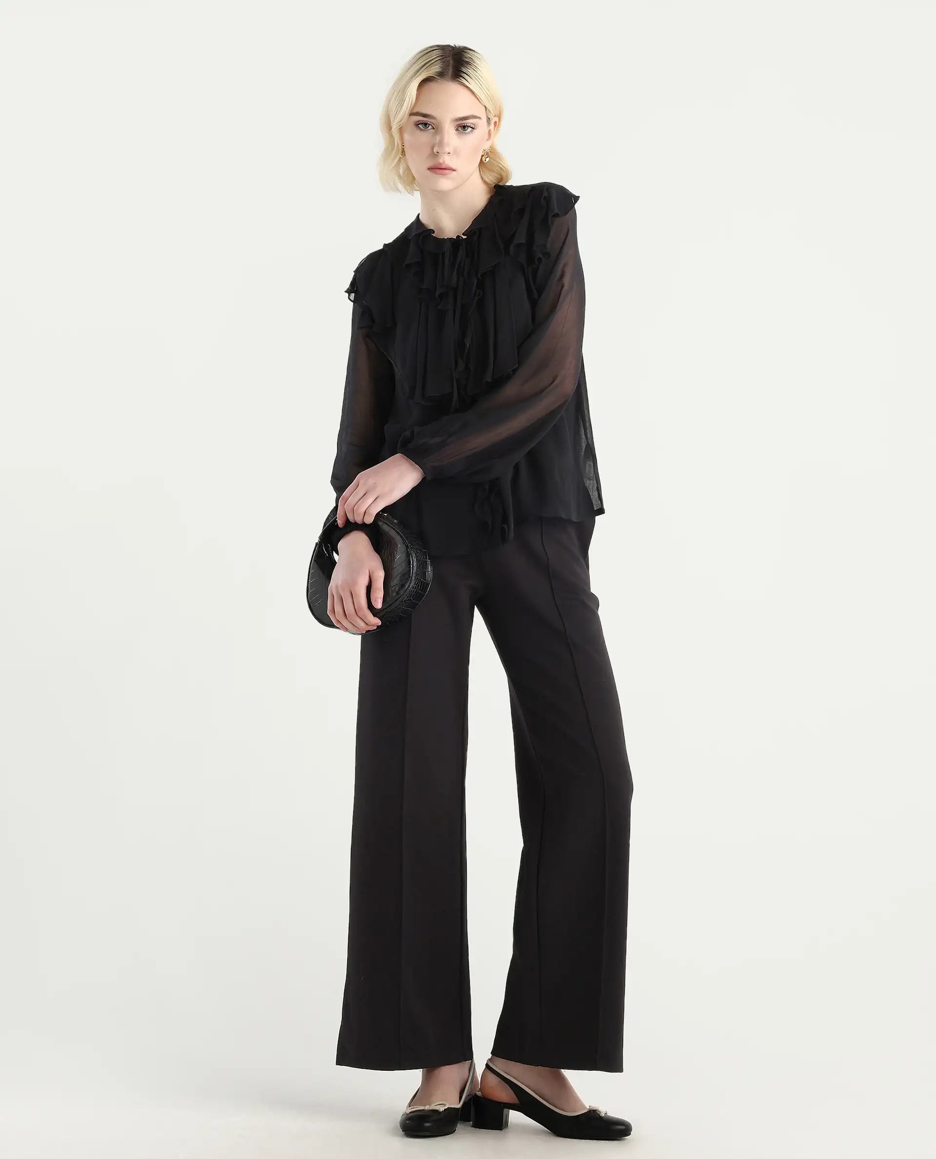 Rareism Women's Nubin Black Polyester Bishop Sleeve Ruffled Neck Regular Fit Plain Top