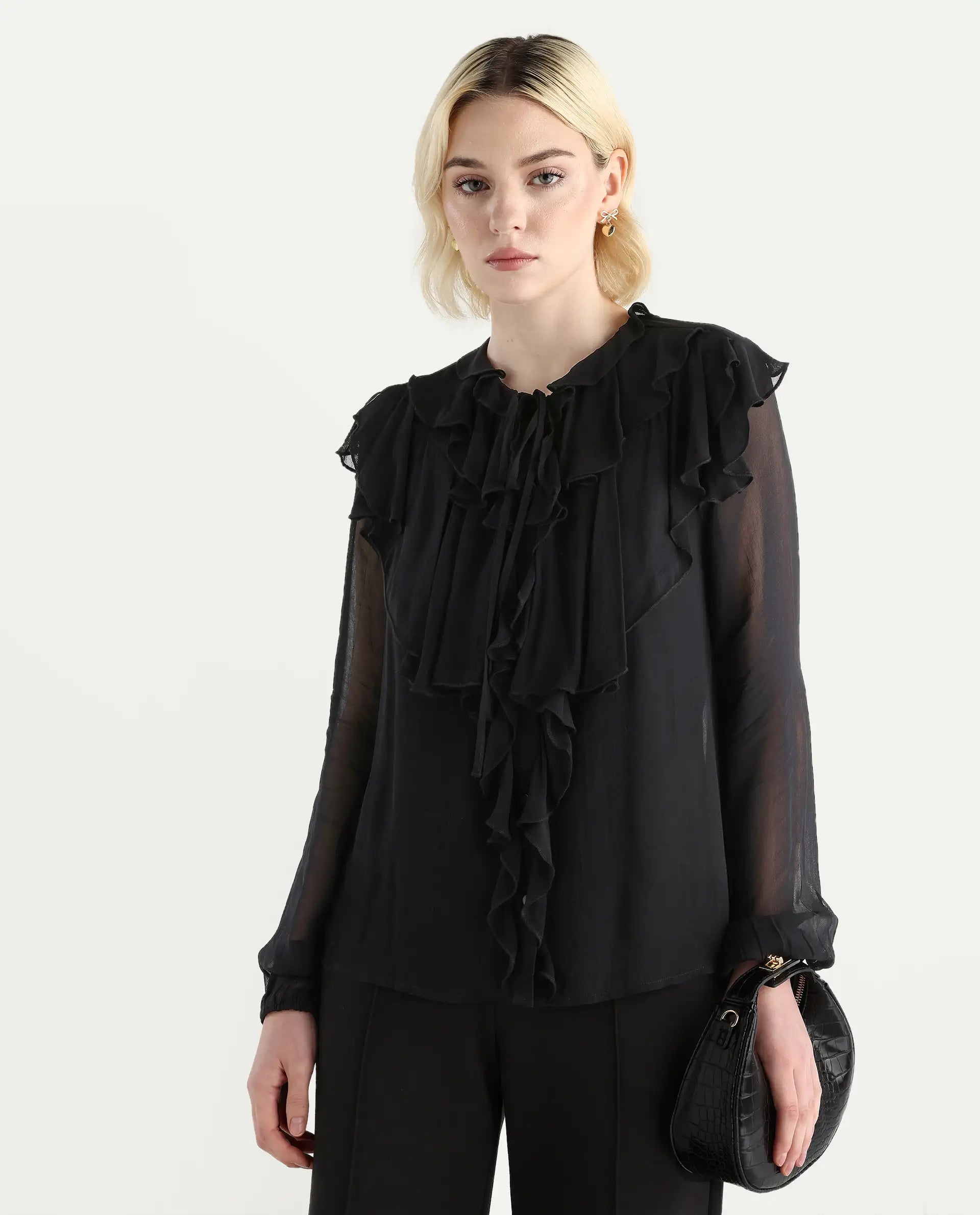 Rareism Women's Nubin Black Polyester Bishop Sleeve Ruffled Neck Regular Fit Plain Top