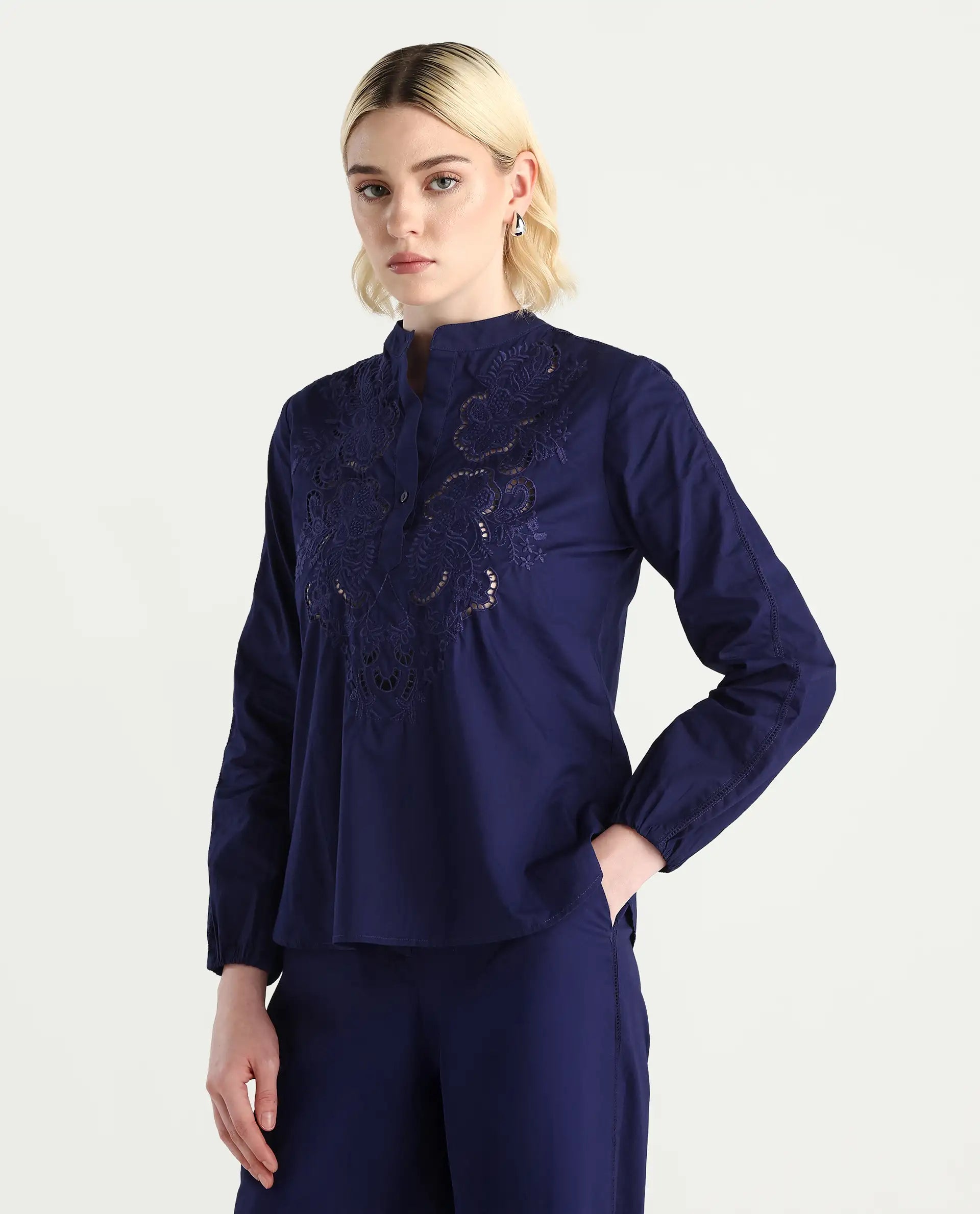 Rareism Women's Nucut-T Navy Cotton Bishop Sleeve Mandarin Collar Regular Fit Plain Top